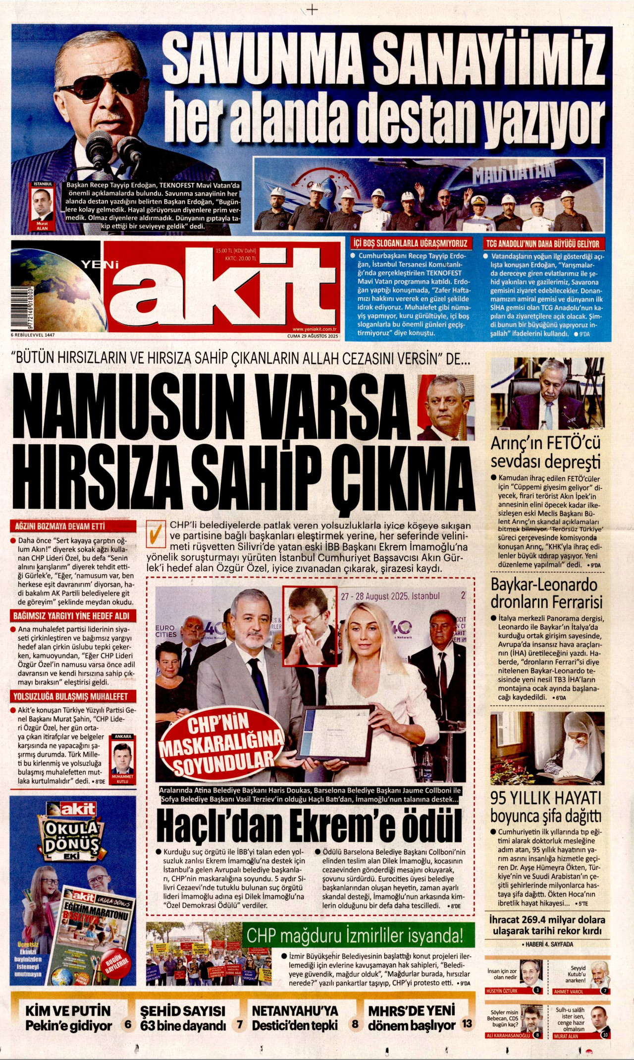 YENİ AKİT gazetesinin 29 Ağustos 2025 tarihli birinci sayfası