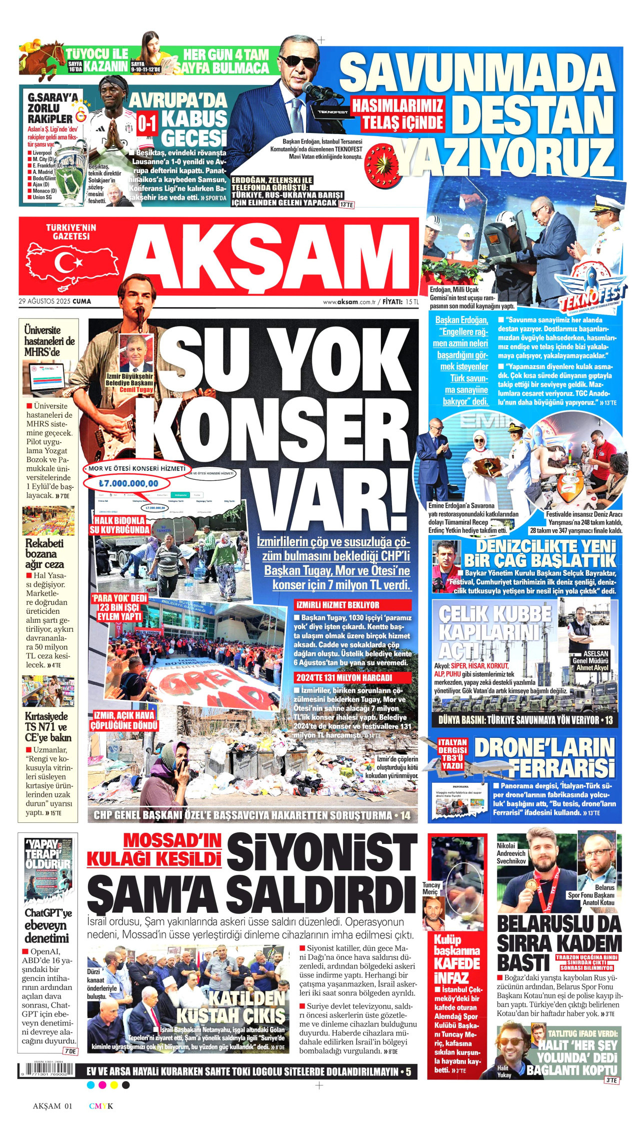 AKŞAM gazetesinin 29 Ağustos 2025 tarihli birinci sayfası