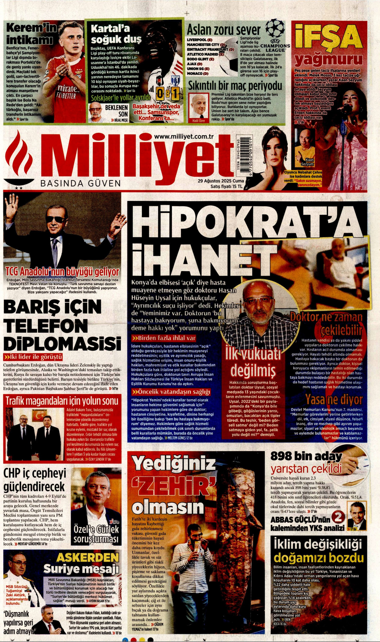 MİLLİYET gazetesinin 29 Ağustos 2025 tarihli birinci sayfası
