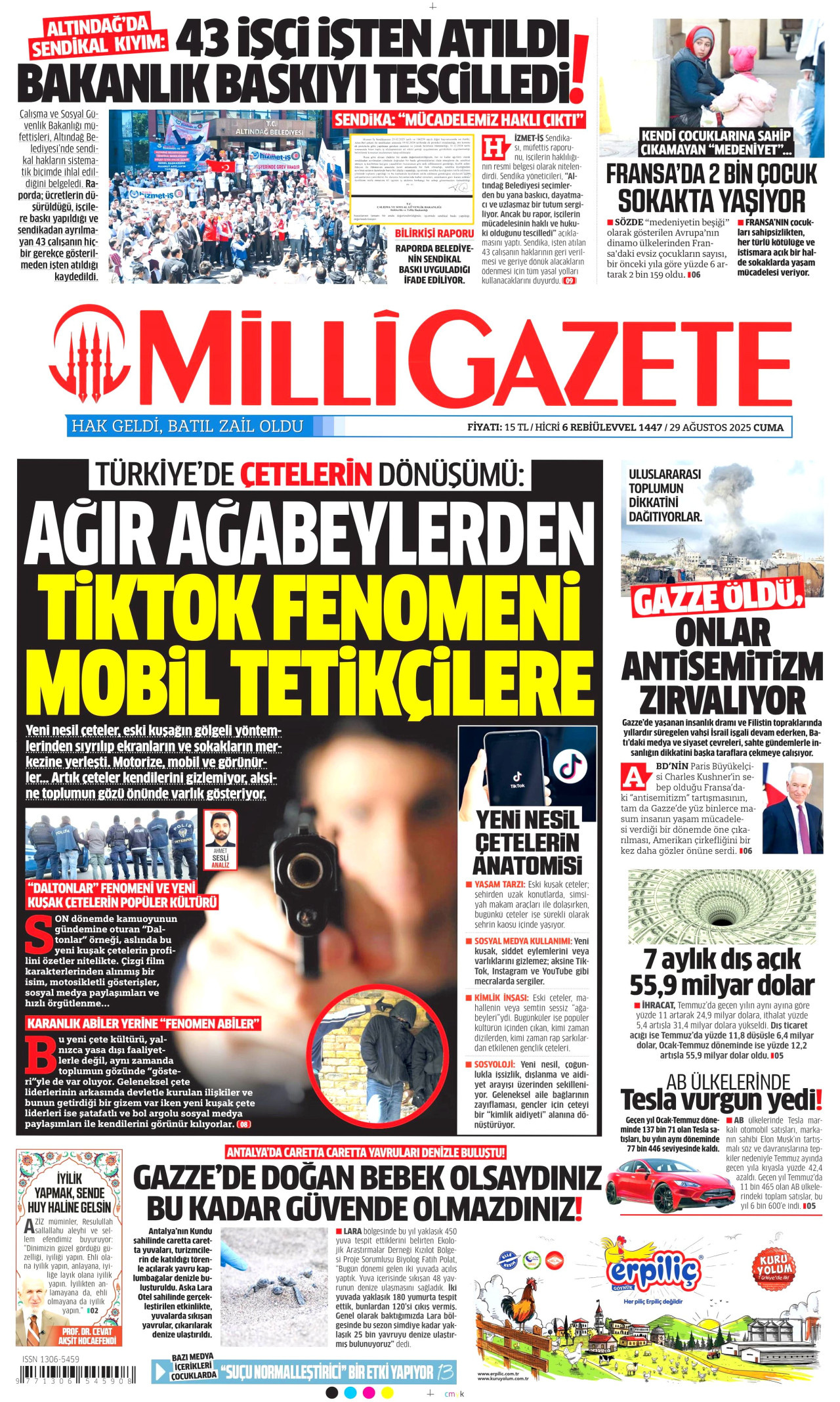 MİLLİ GAZETE gazetesinin 29 Ağustos 2025 tarihli birinci sayfası