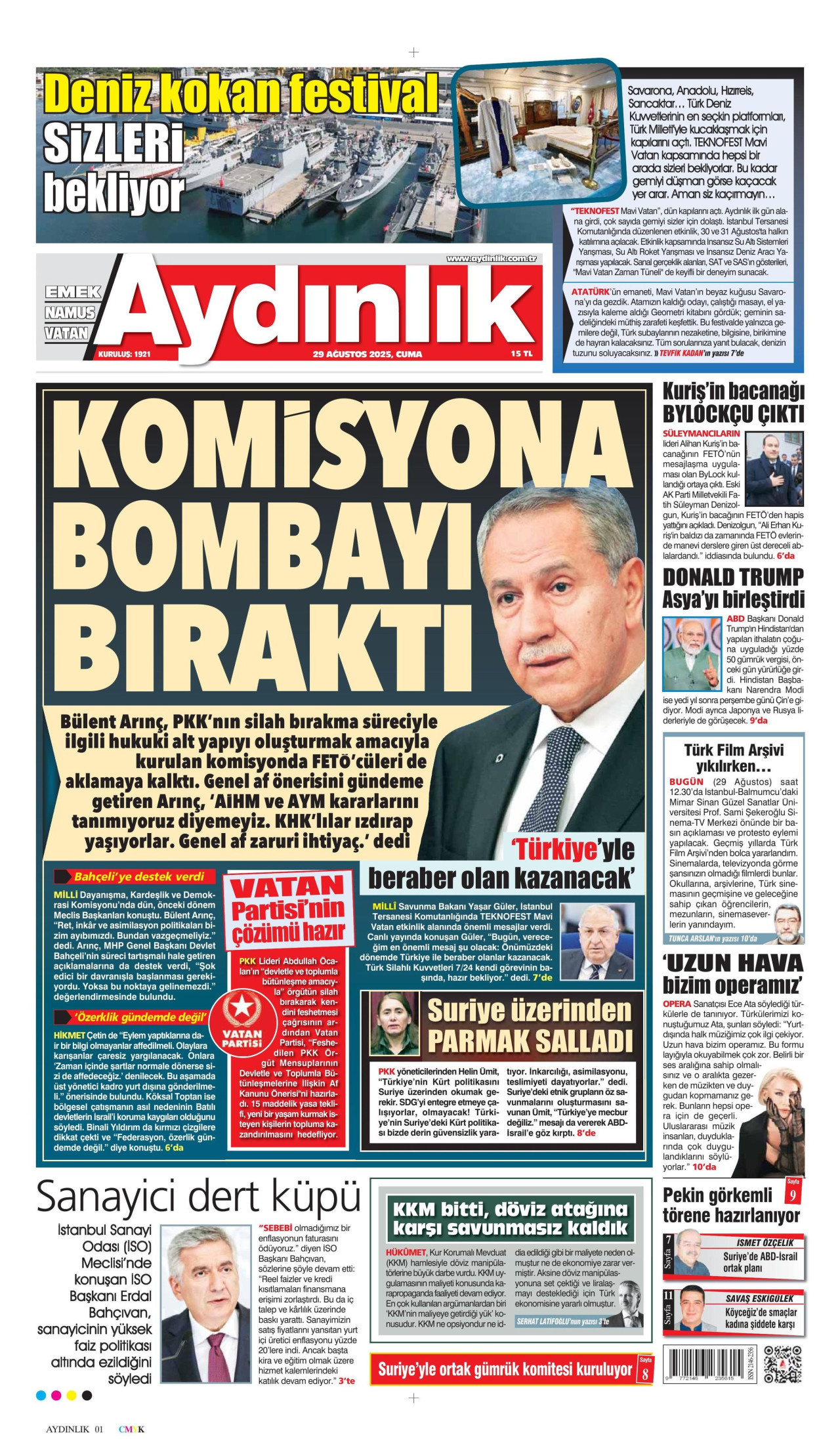 AYDINLIK GAZETESİ gazetesinin 29 Ağustos 2025 tarihli birinci sayfası