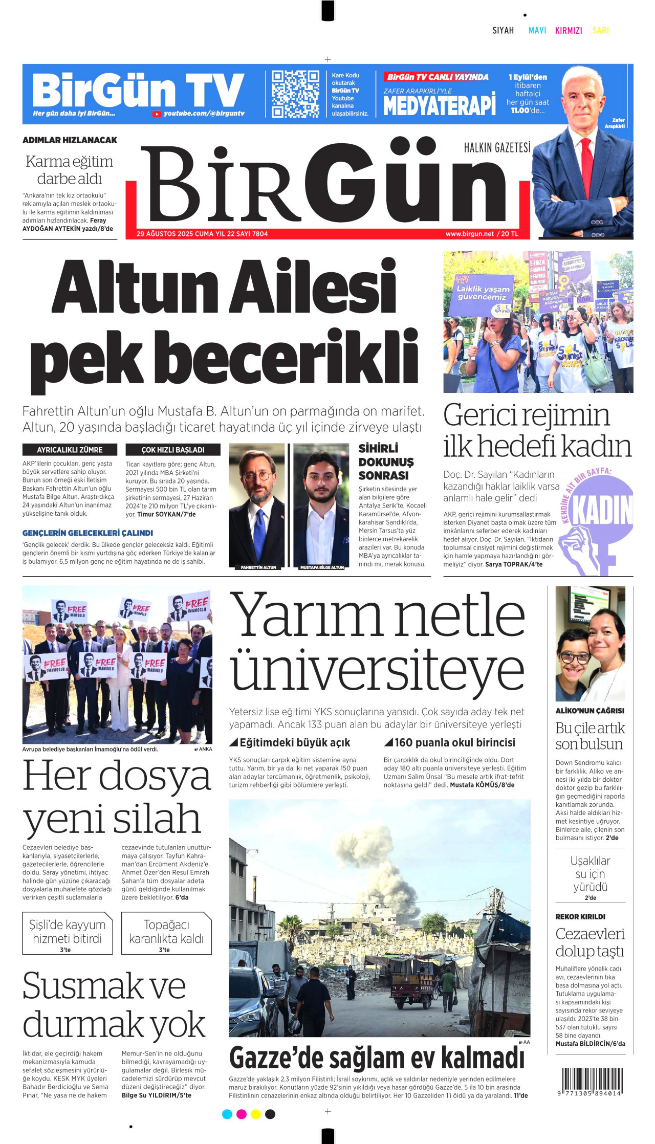 BİRGÜN gazetesinin 29 Ağustos 2025 tarihli birinci sayfası