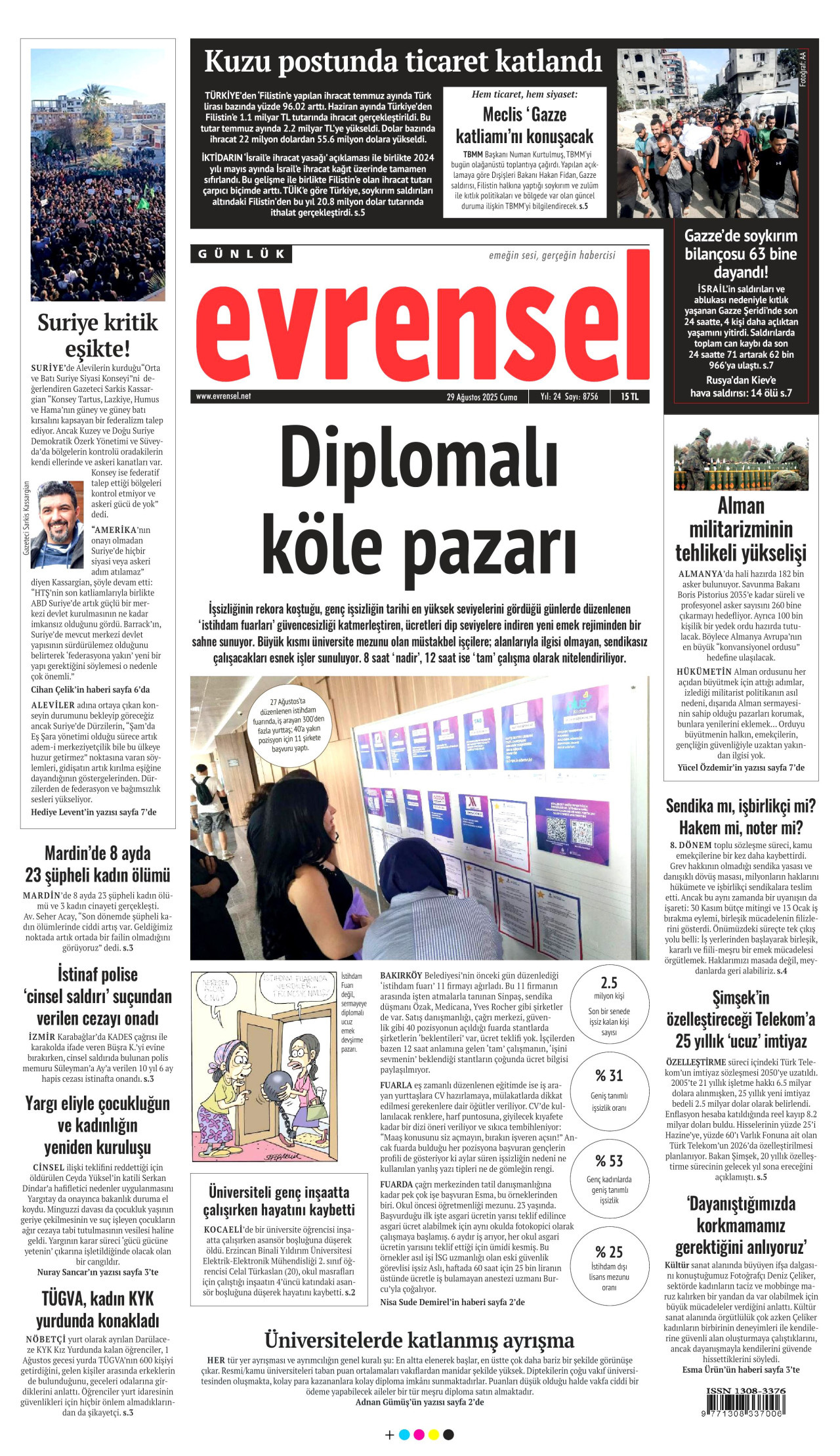 EVRENSEL gazetesinin 29 Ağustos 2025 tarihli birinci sayfası