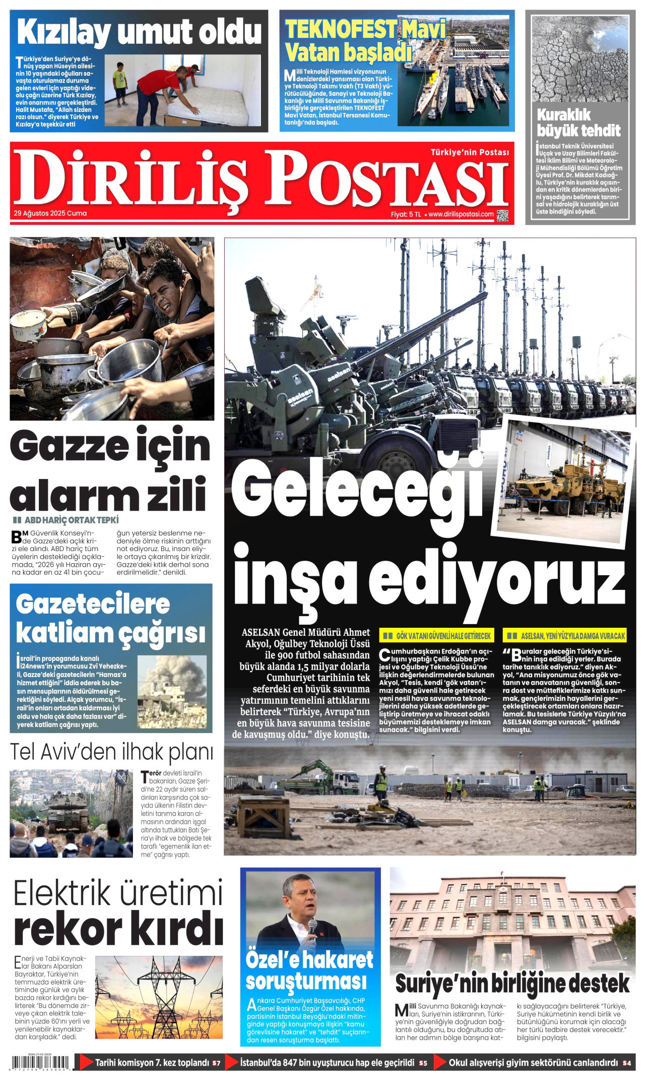 DİRİLİŞ POSTASI gazetesinin 29 Ağustos 2025 tarihli birinci sayfası