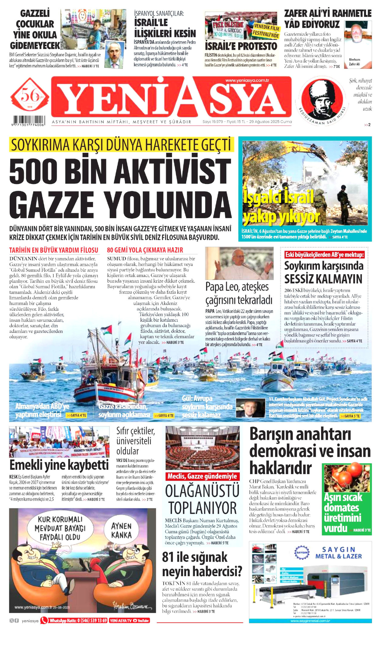 YENİ ASYA gazetesinin 29 Ağustos 2025 tarihli birinci sayfası