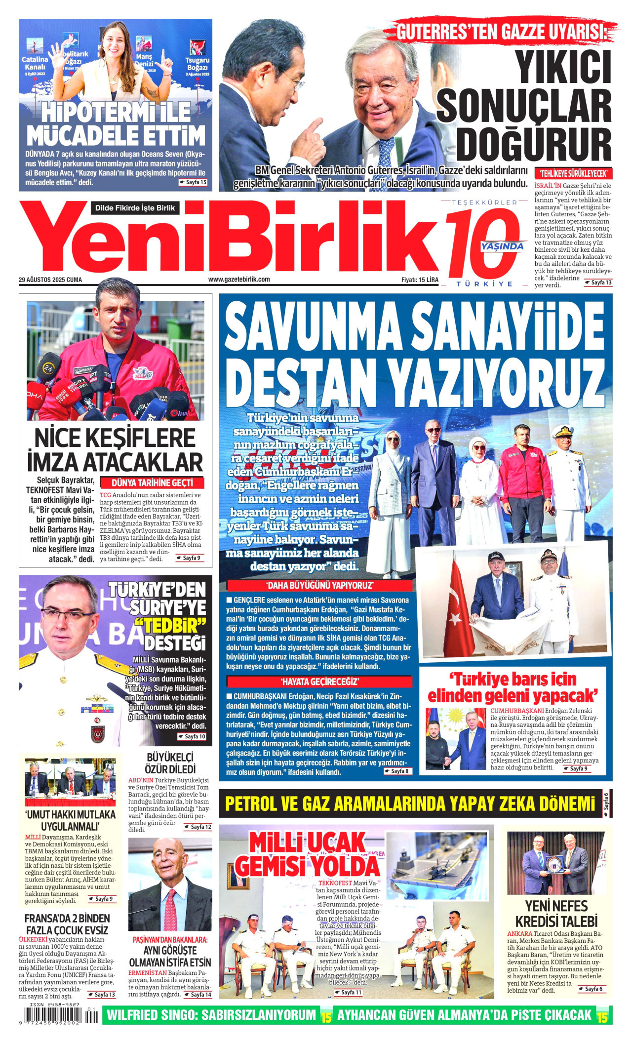 YENİBİRLİK gazetesinin 29 Ağustos 2025 tarihli birinci sayfası
