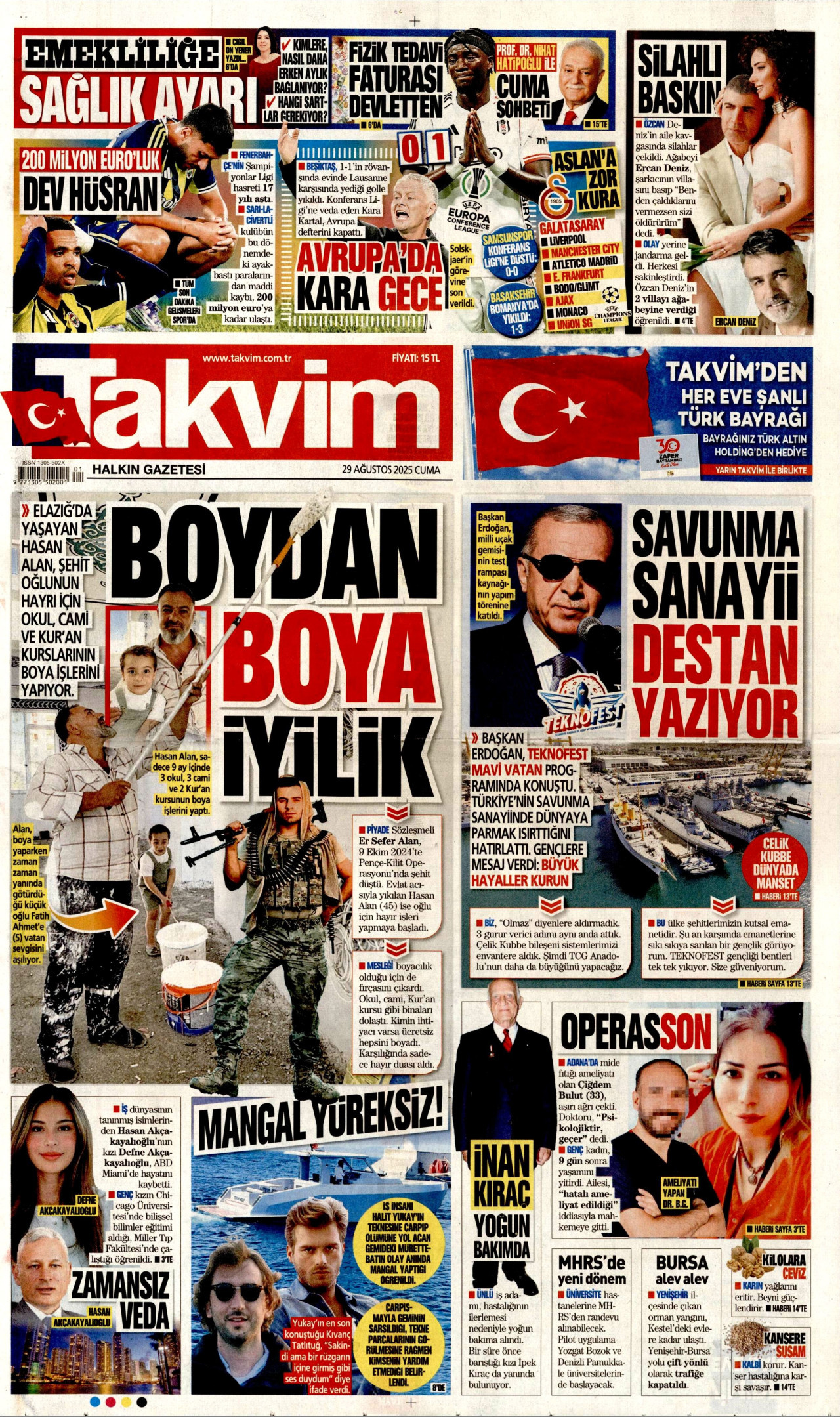 TAKVİM gazetesinin 29 Ağustos 2025 tarihli birinci sayfası