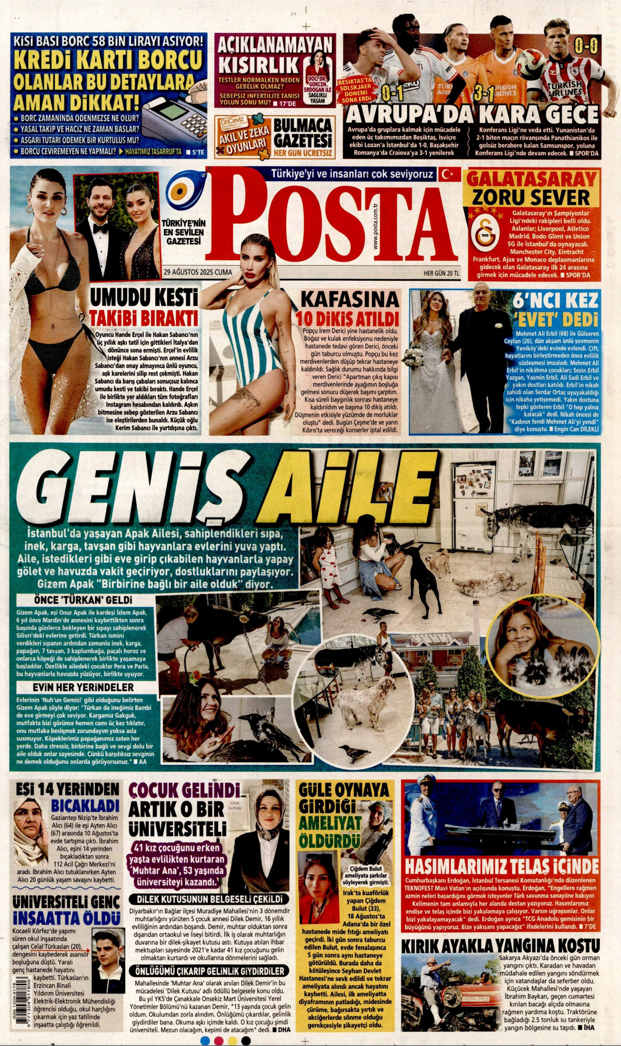 POSTA gazetesinin 29 Ağustos 2025 tarihli birinci sayfası