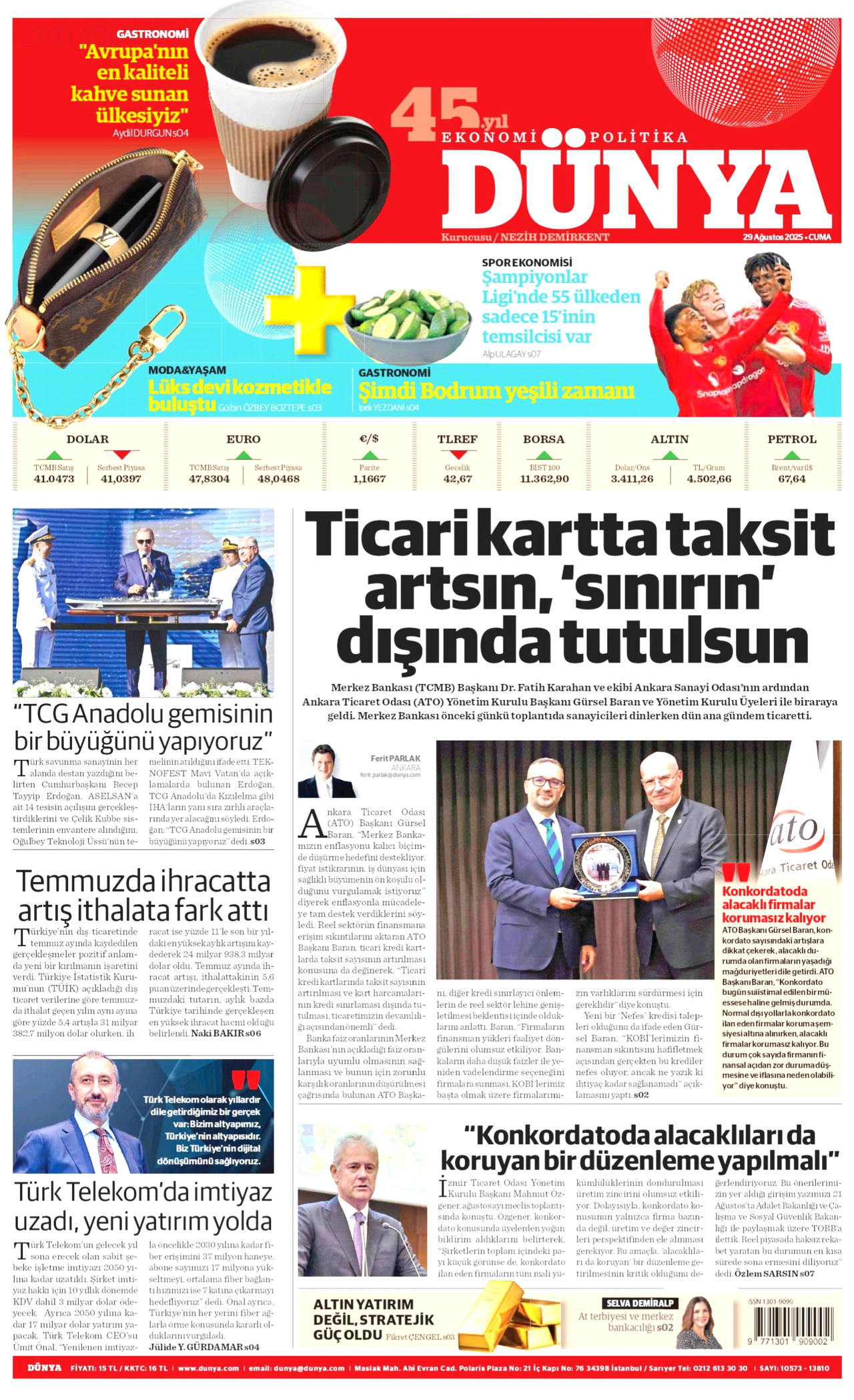 DÜNYA gazetesinin 29 Ağustos 2025 tarihli birinci sayfası