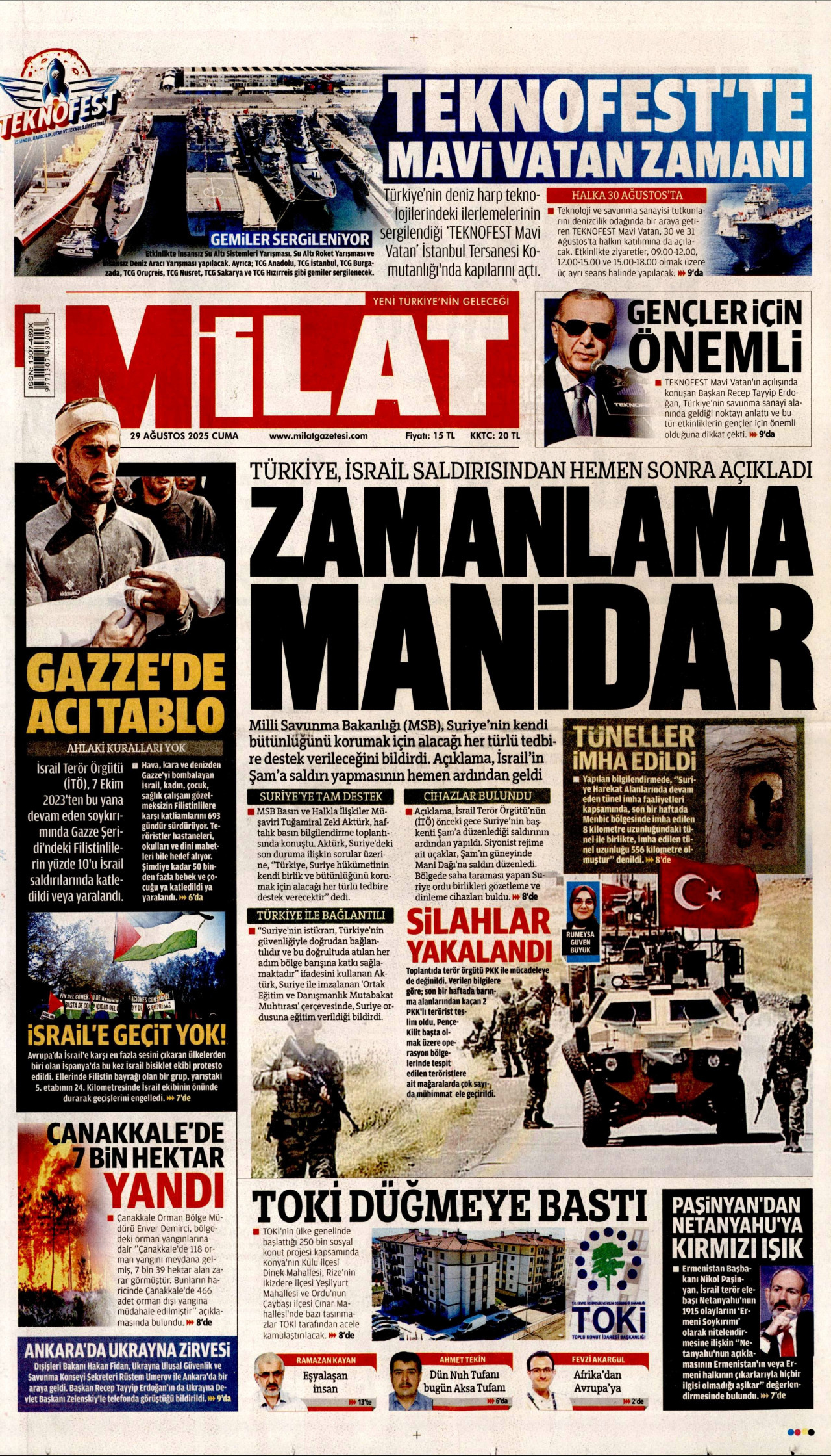 MİLAT gazetesinin 29 Ağustos 2025 tarihli birinci sayfası