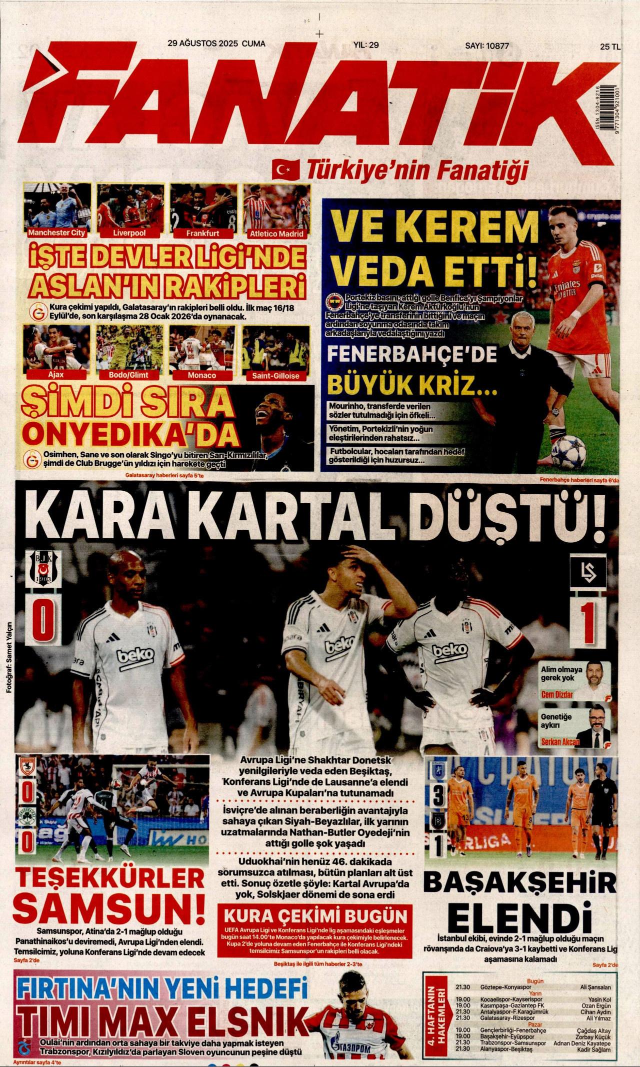FANATİK gazetesinin 29 Ağustos 2025 tarihli birinci sayfası