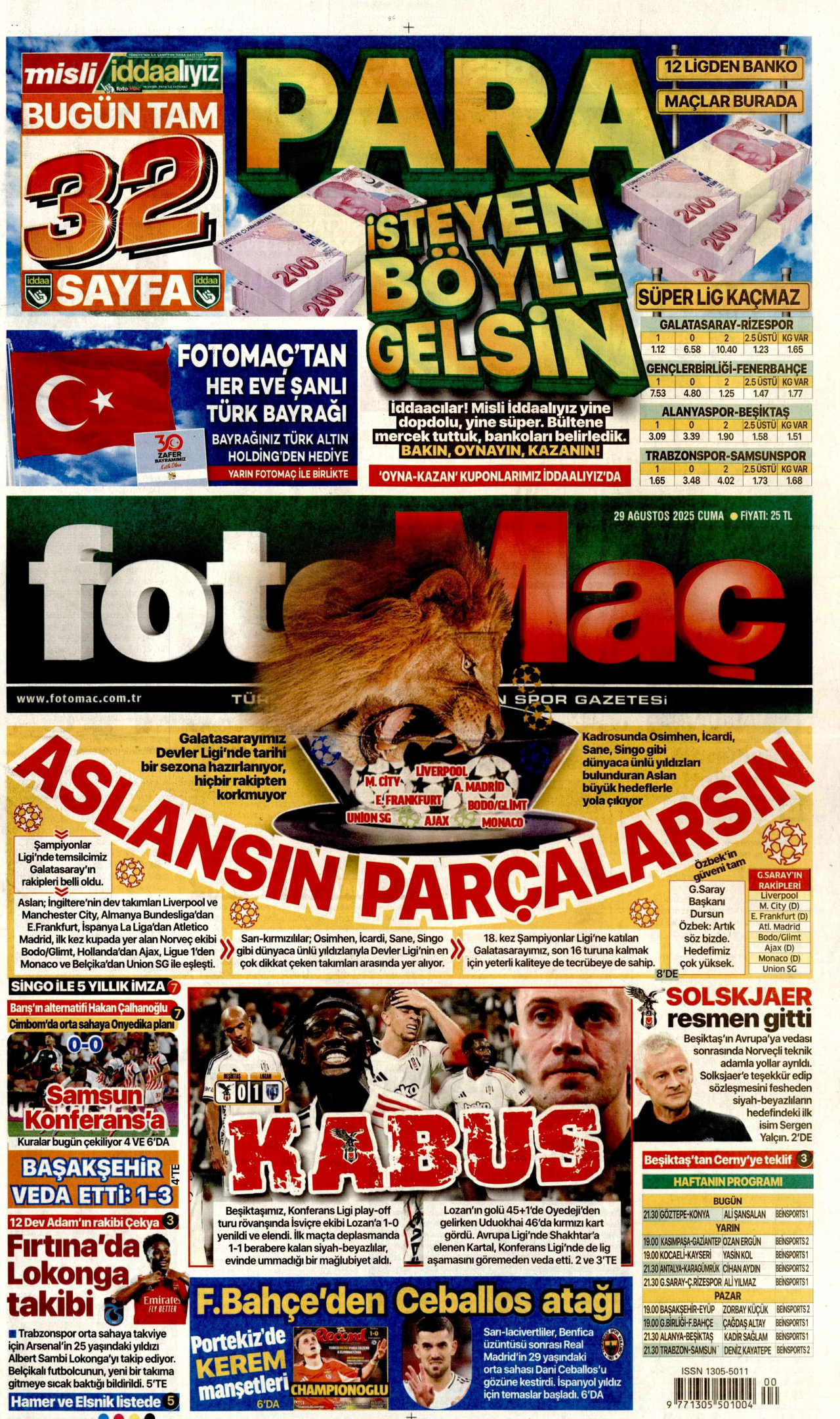 FOTOMAÇ gazetesinin 29 Ağustos 2025 tarihli birinci sayfası