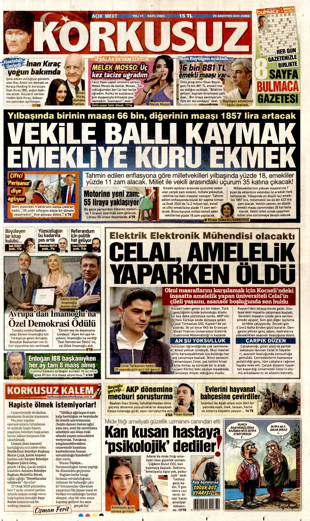 KORKUSUZ gazetesinin 29 Ağustos 2025 tarihli birinci sayfası