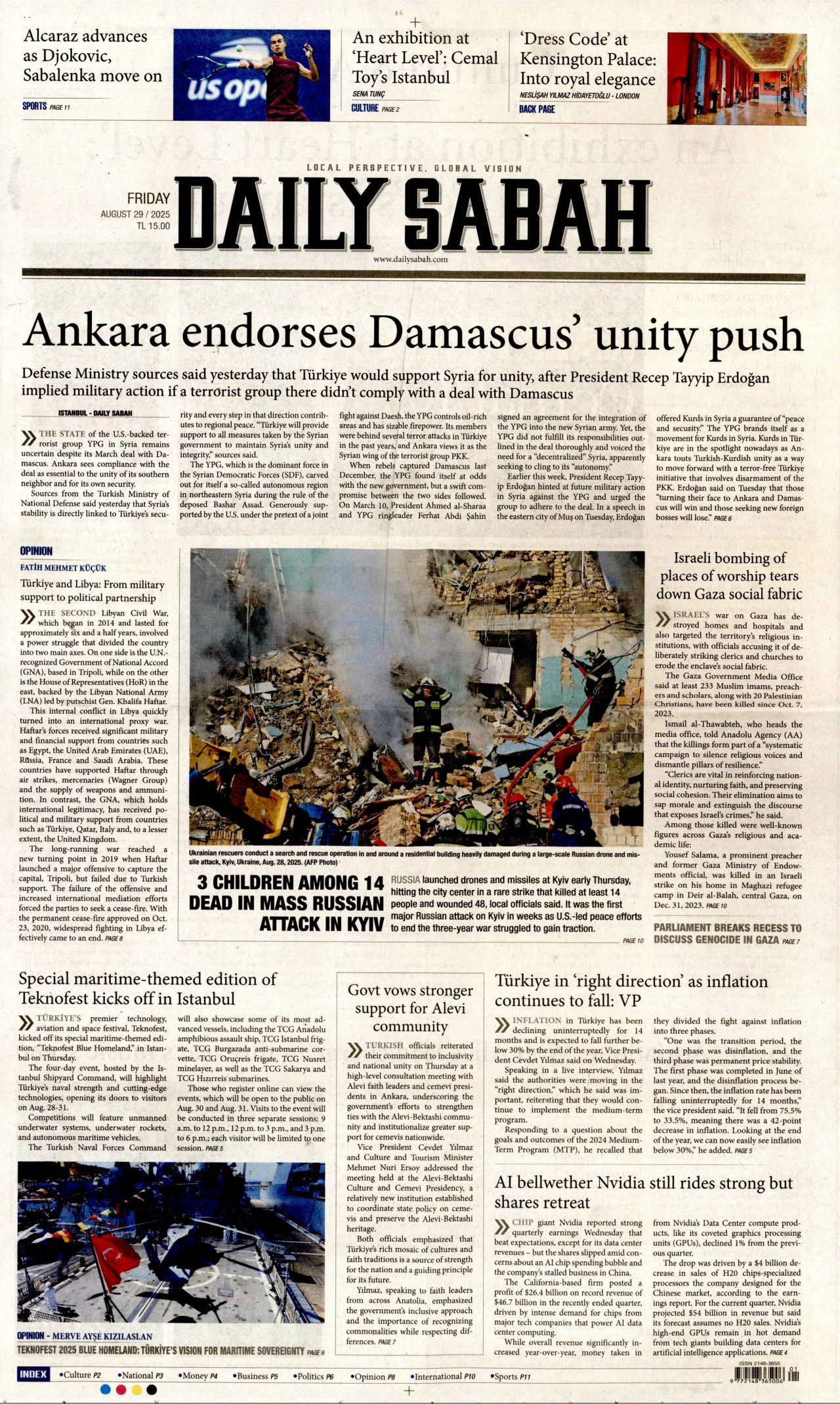DAİLY SABAH gazetesinin 29 Ağustos 2025 tarihli birinci sayfası