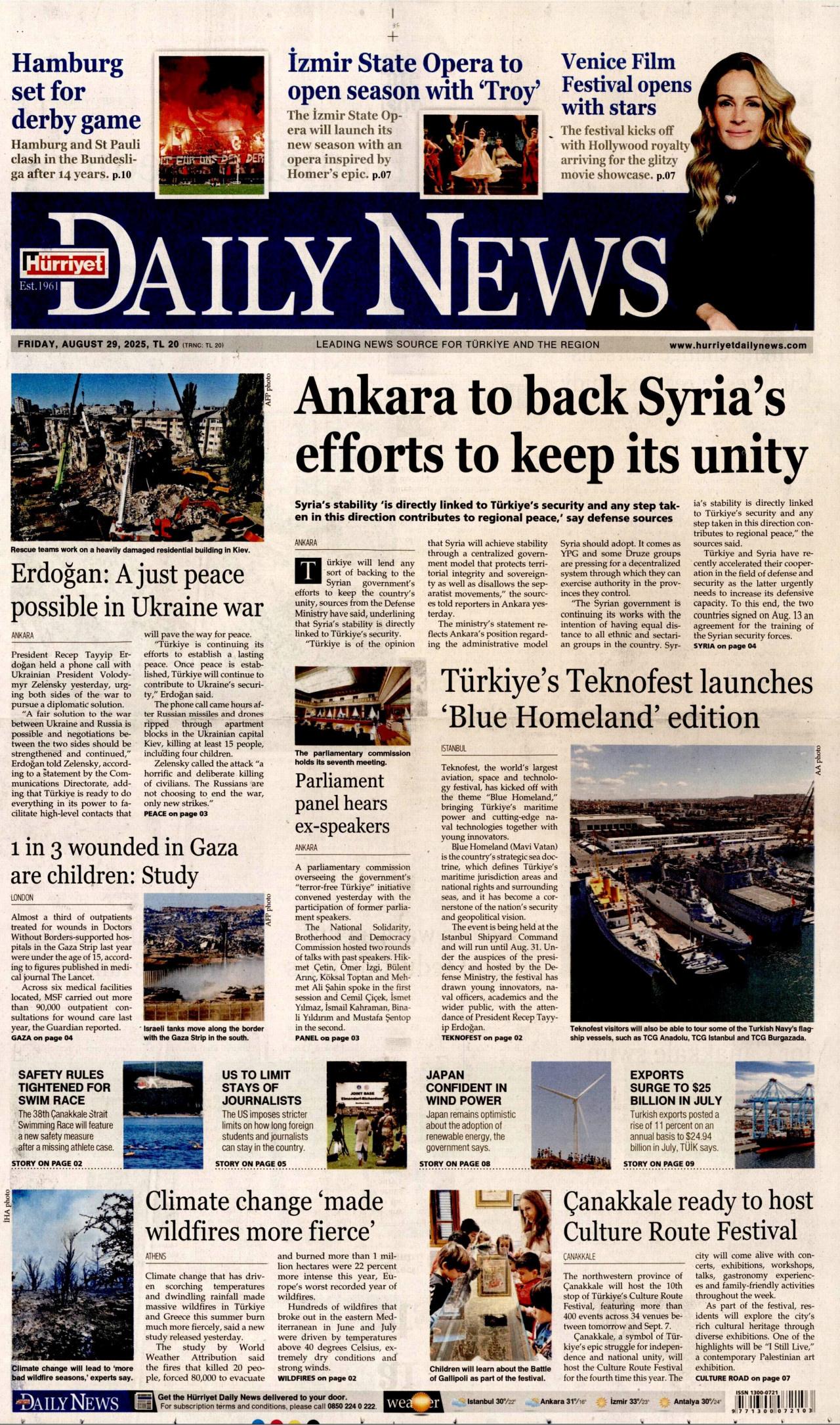 HÜRRİYET DAİLY NEWS gazetesinin 29 Ağustos 2025 tarihli birinci sayfası