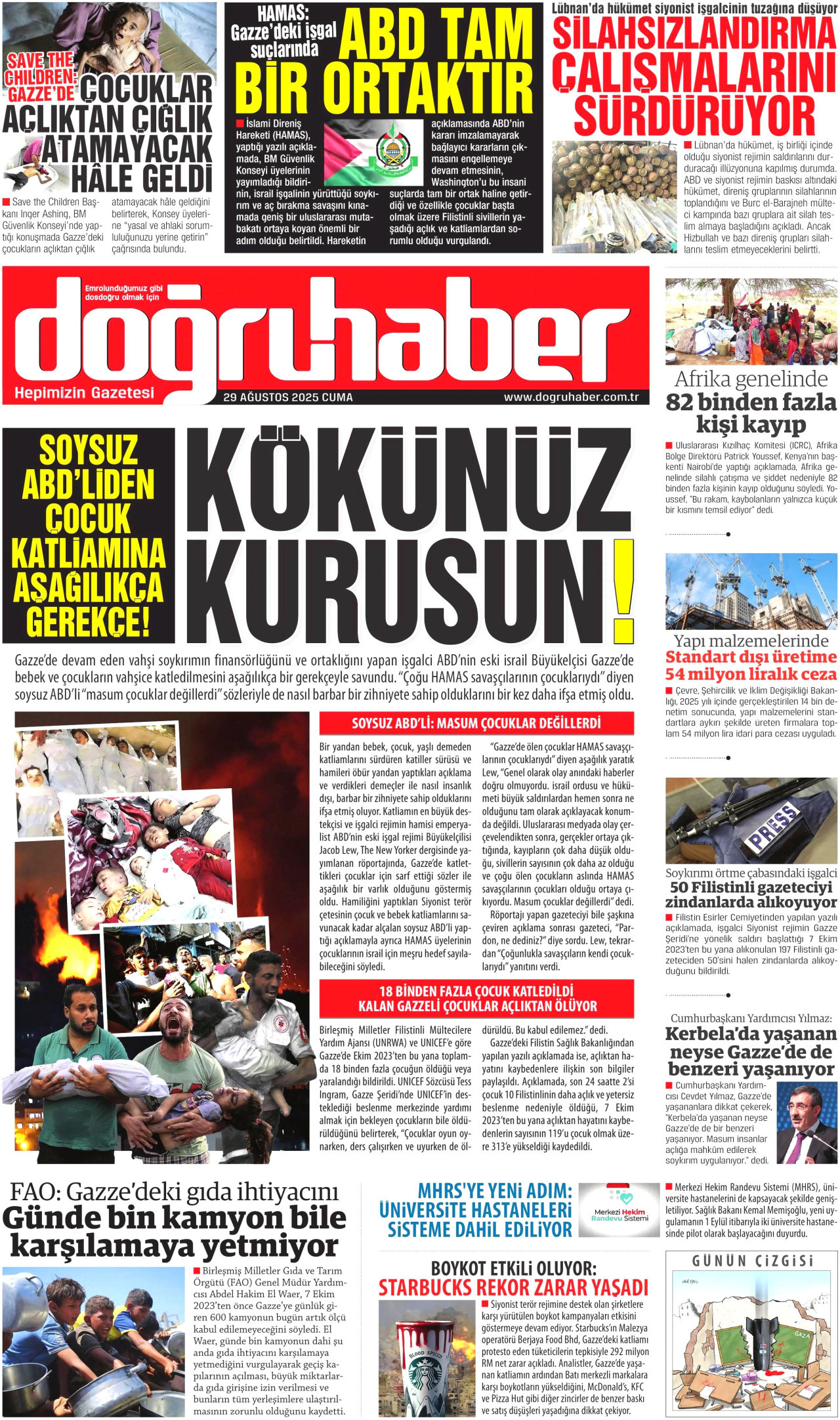 DOĞRU HABER gazetesinin 29 Ağustos 2025 tarihli birinci sayfası