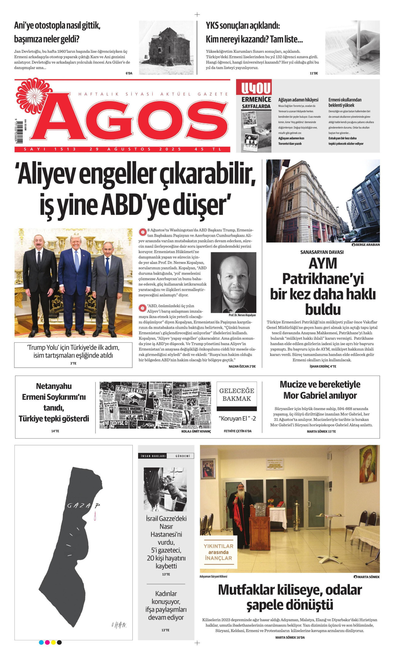 AGOS gazetesinin 29 Ağustos 2025 tarihli birinci sayfası