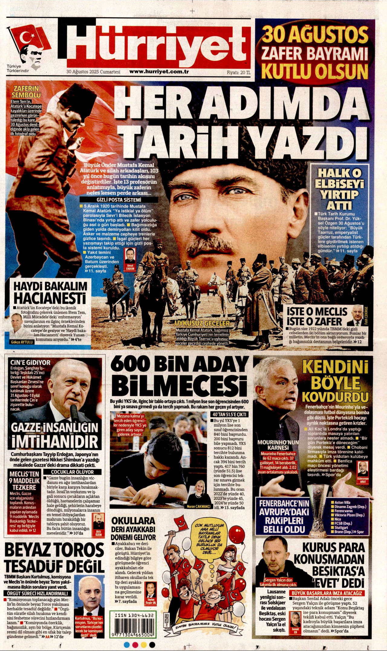 HÜRRİYET gazetesinin 30 Ağustos 2025 tarihli birinci sayfası