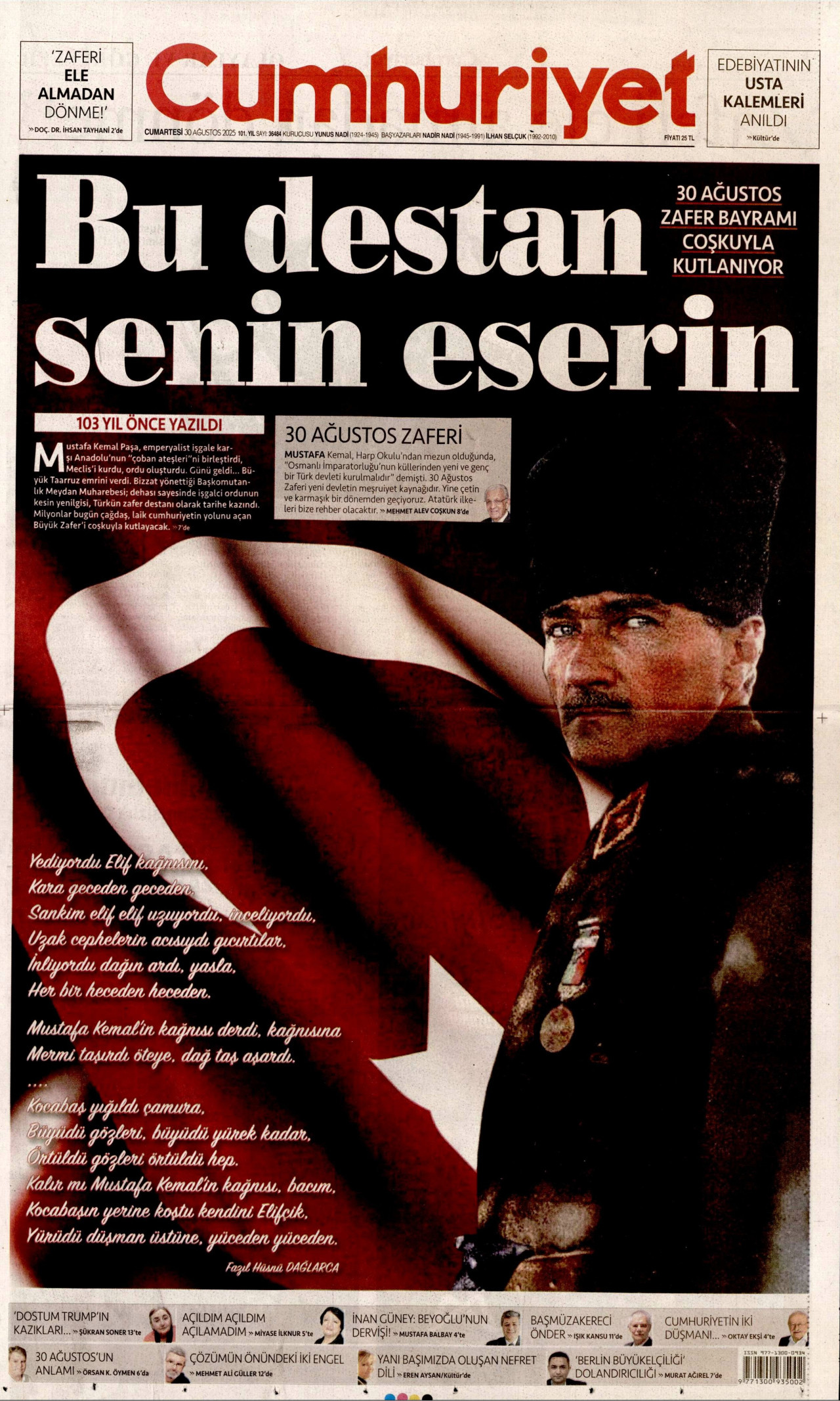 CUMHURİYET gazetesinin 30 Ağustos 2025 tarihli birinci sayfası