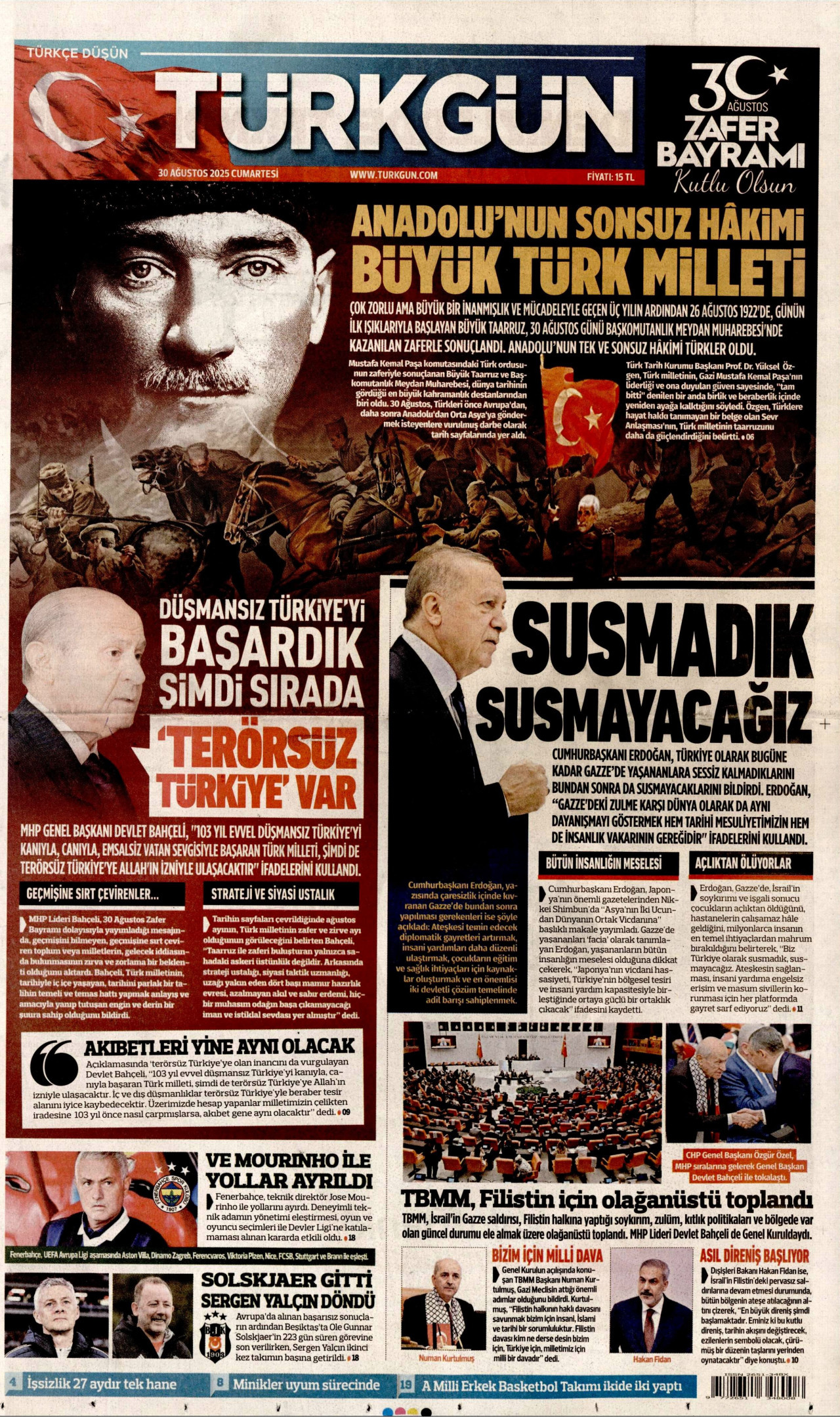 TÜRKGÜN gazetesinin 30 Ağustos 2025 tarihli birinci sayfası