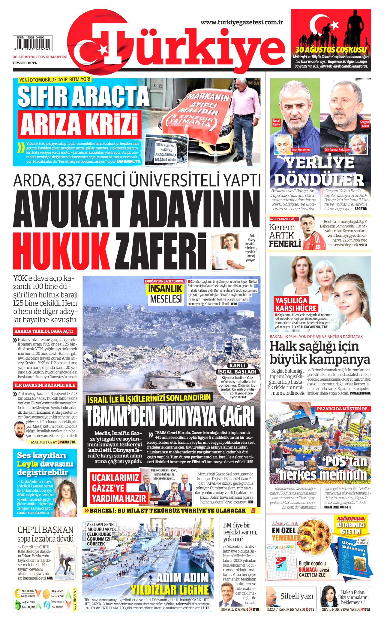 TÜRKİYE GAZETESİ gazetesinin 30 Ağustos 2025 tarihli birinci sayfası