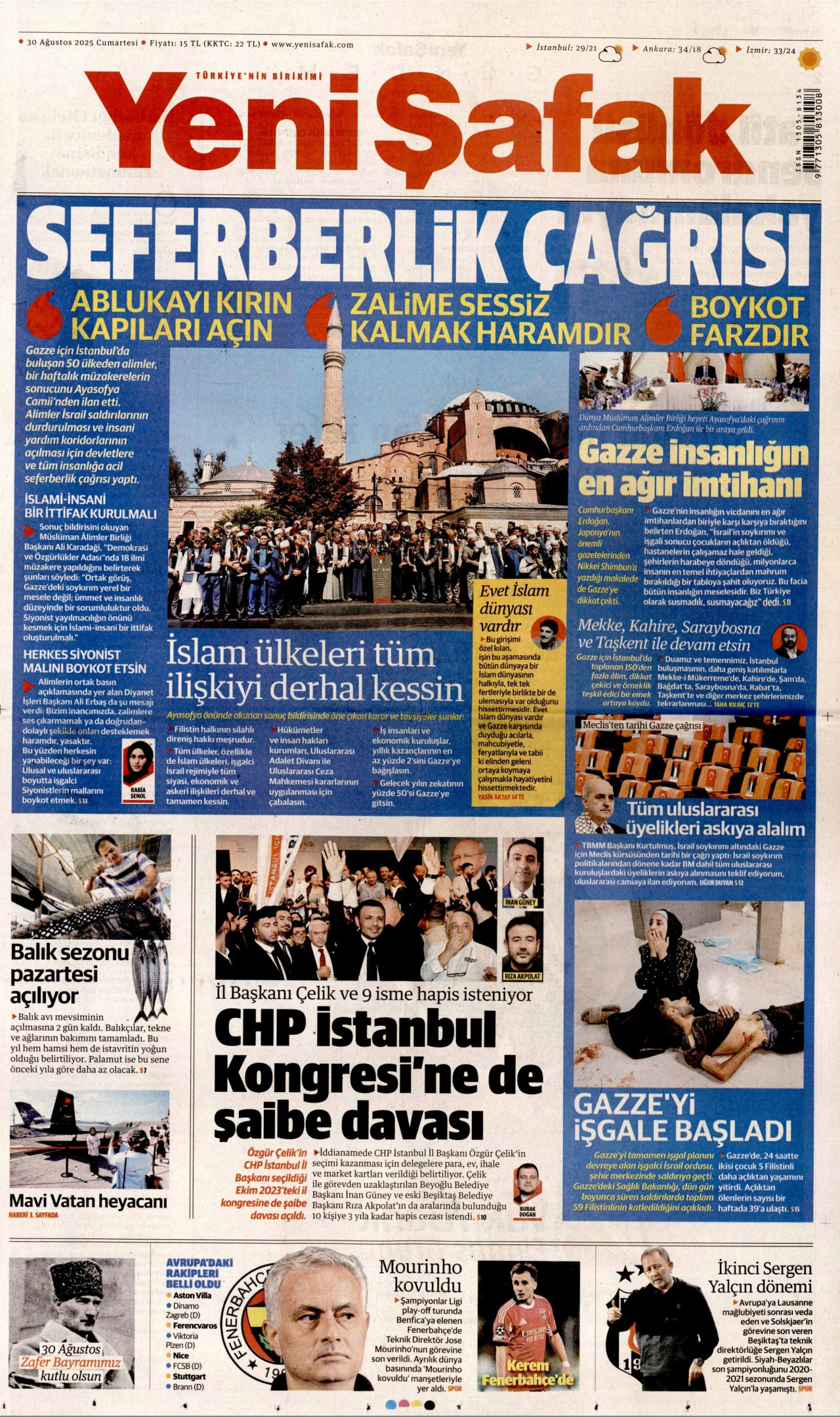 YENİ ŞAFAK gazetesinin 30 Ağustos 2025 tarihli birinci sayfası