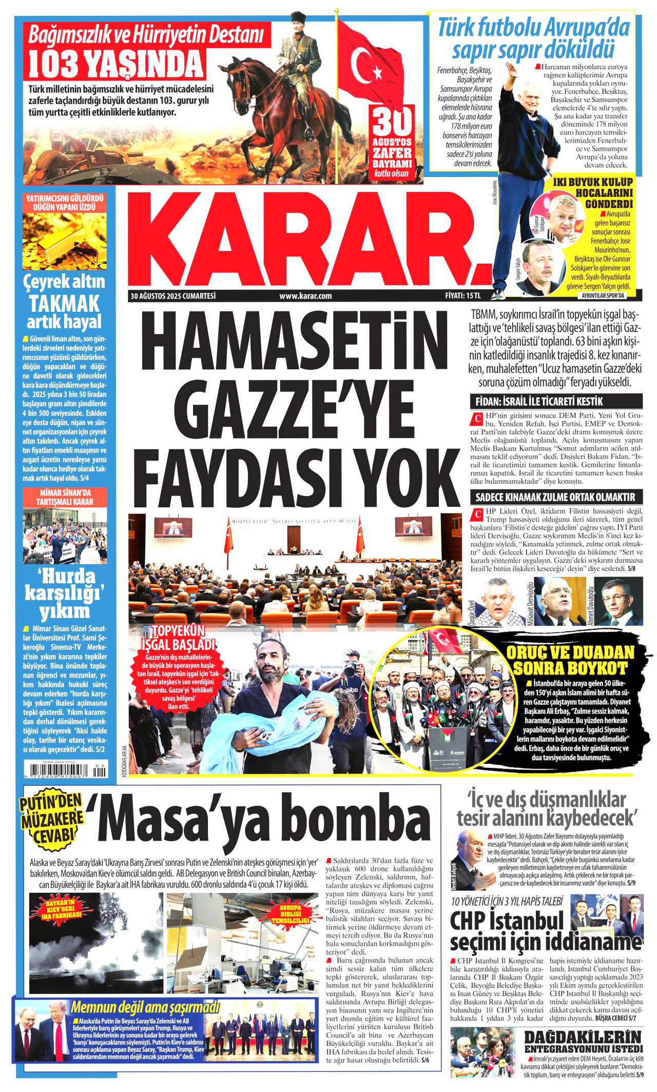 KARAR gazetesinin 30 Ağustos 2025 tarihli birinci sayfası