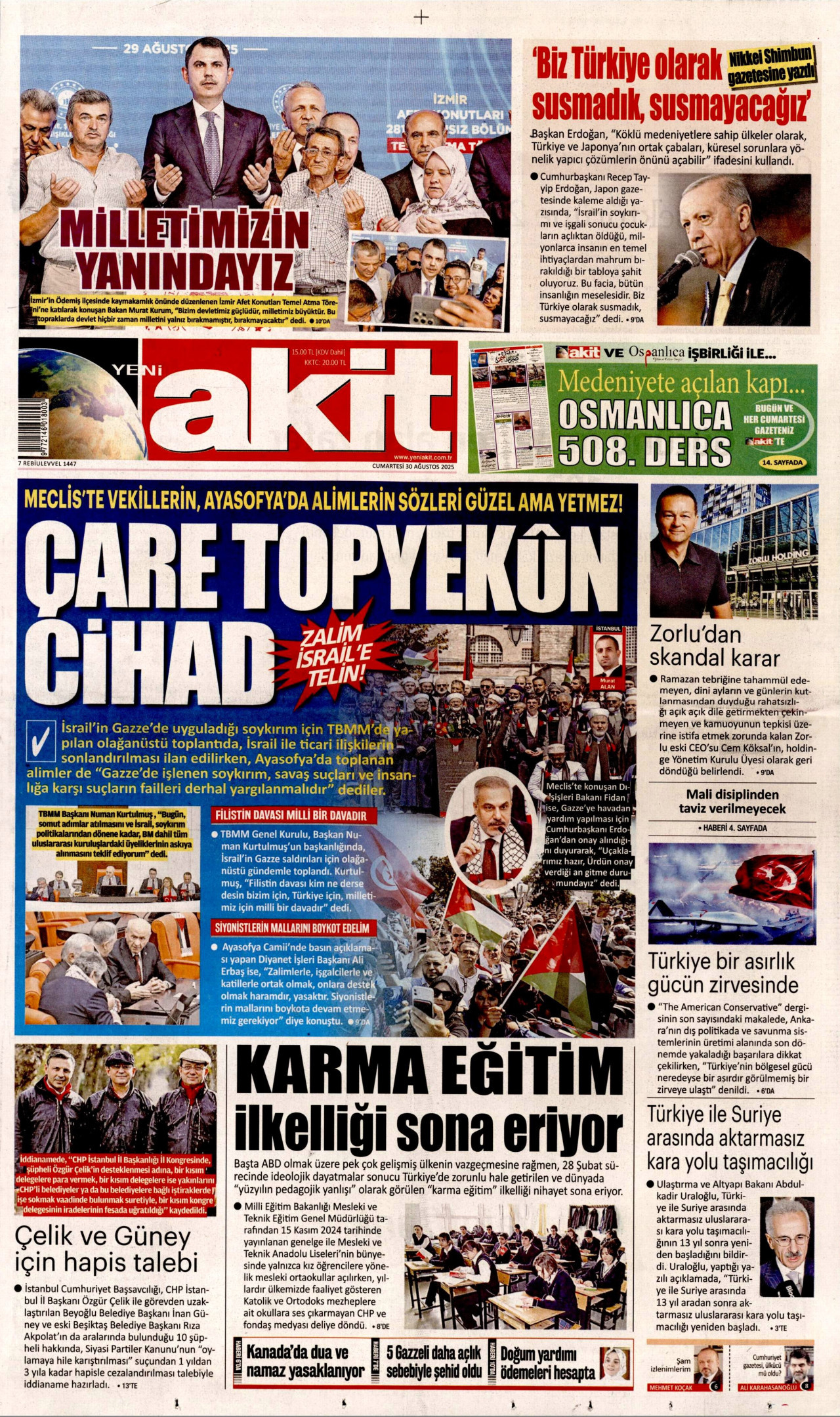 YENİ AKİT gazetesinin 30 Ağustos 2025 tarihli birinci sayfası