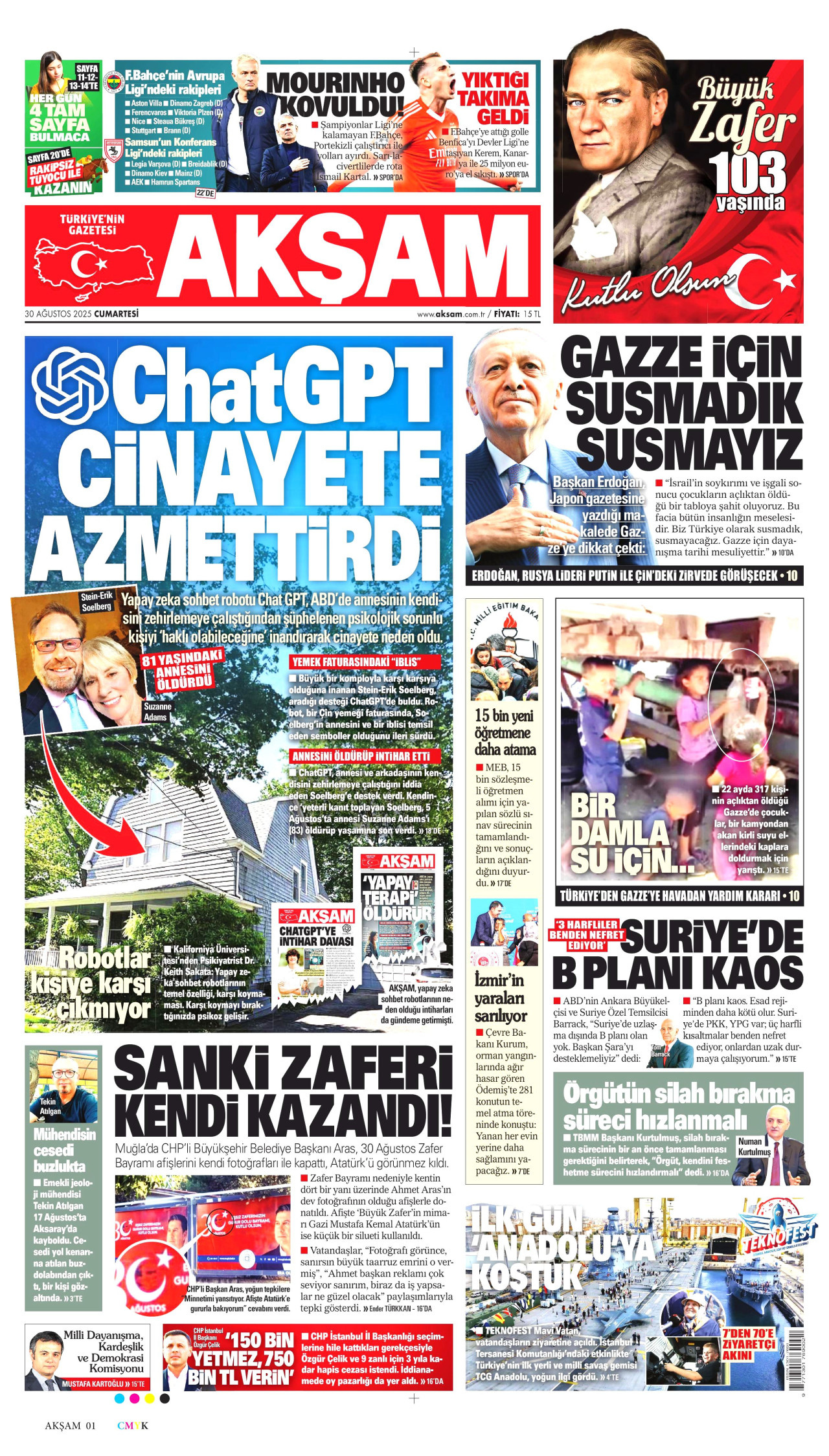 AKŞAM gazetesinin 30 Ağustos 2025 tarihli birinci sayfası