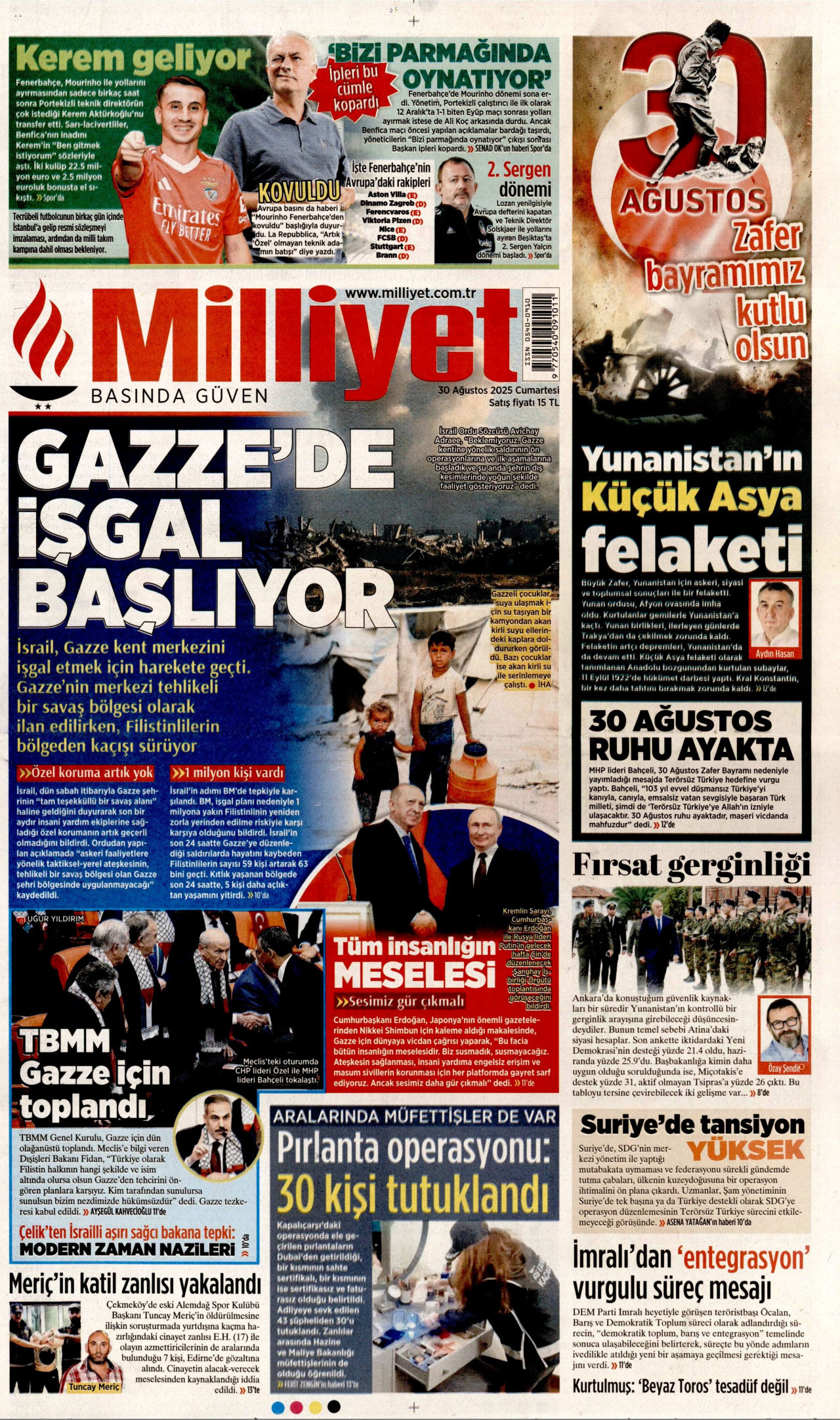 MİLLİYET gazetesinin 30 Ağustos 2025 tarihli birinci sayfası