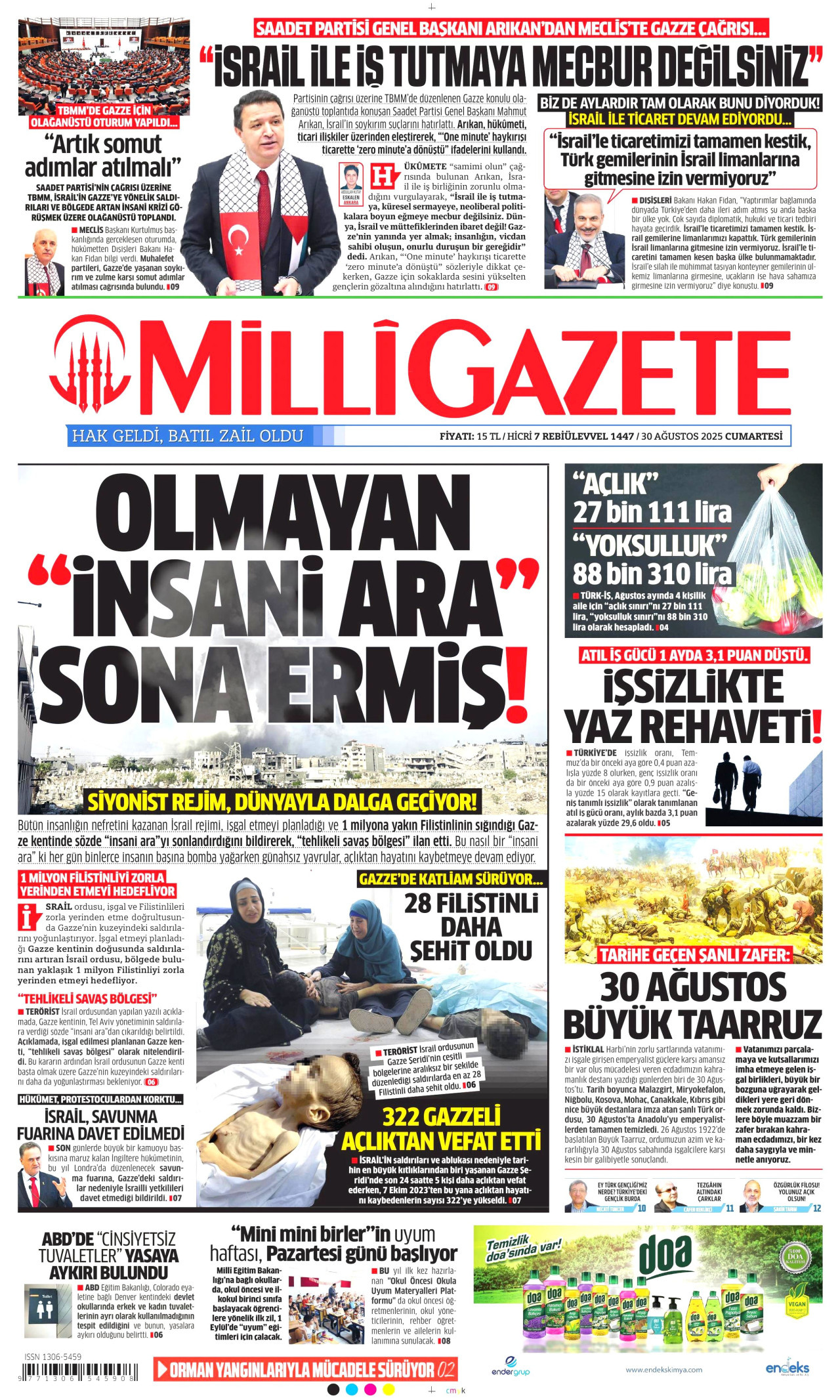 MİLLİ GAZETE gazetesinin 30 Ağustos 2025 tarihli birinci sayfası