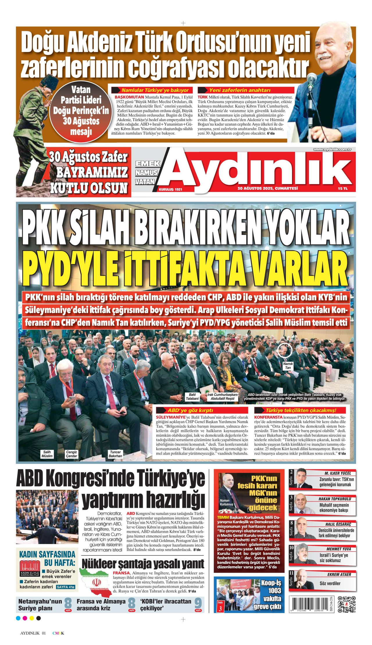 AYDINLIK GAZETESİ gazetesinin 30 Ağustos 2025 tarihli birinci sayfası