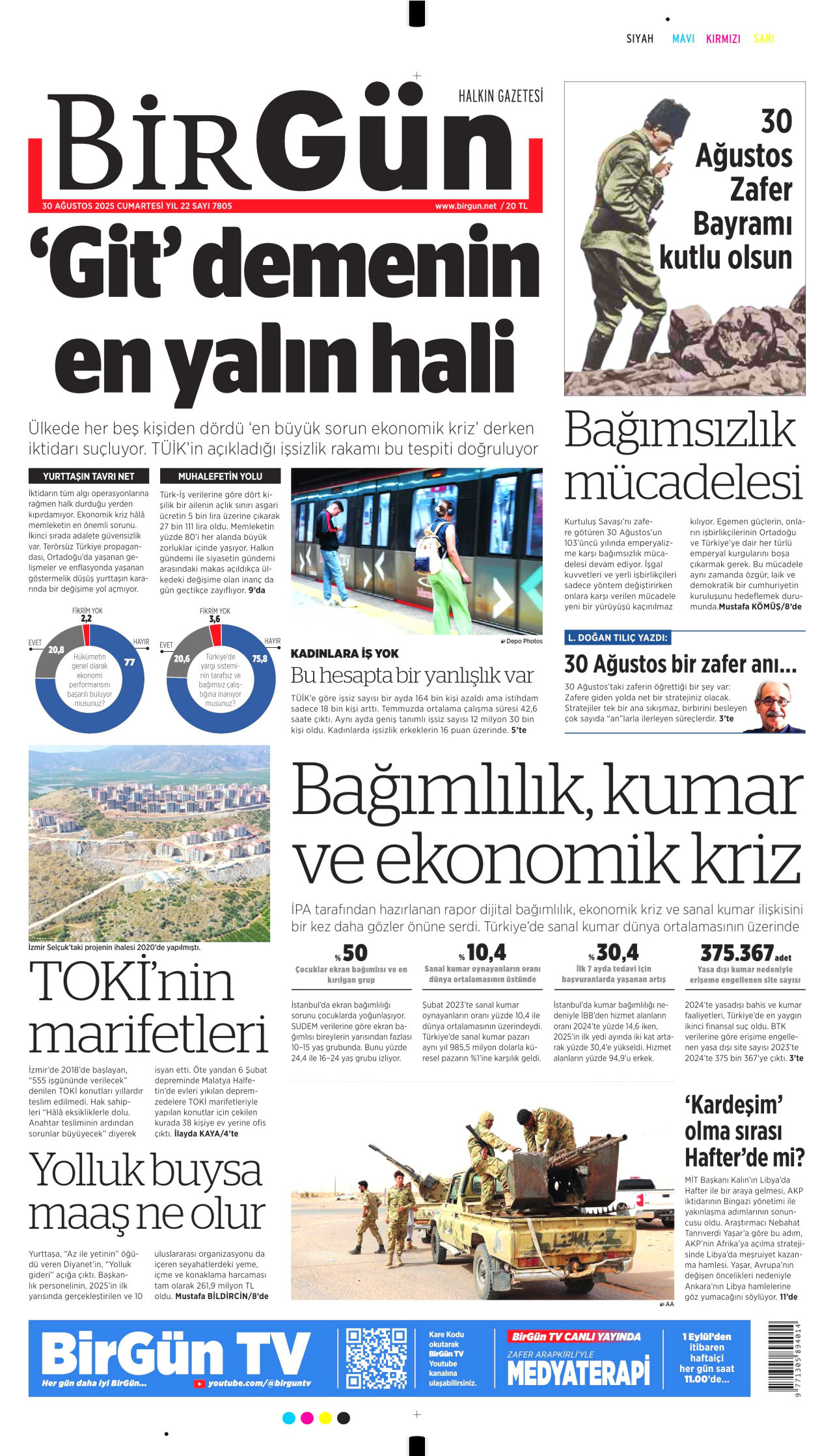 BİRGÜN gazetesinin 30 Ağustos 2025 tarihli birinci sayfası