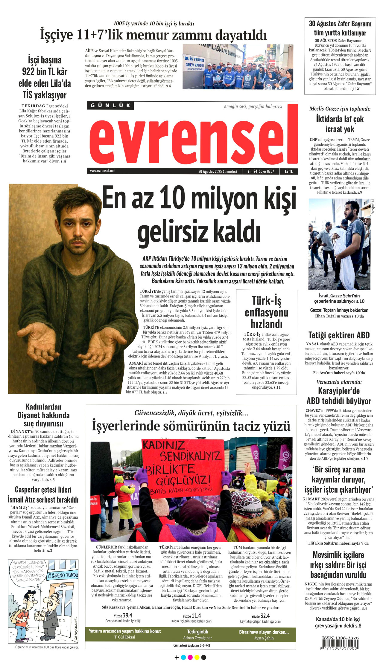 EVRENSEL gazetesinin 30 Ağustos 2025 tarihli birinci sayfası