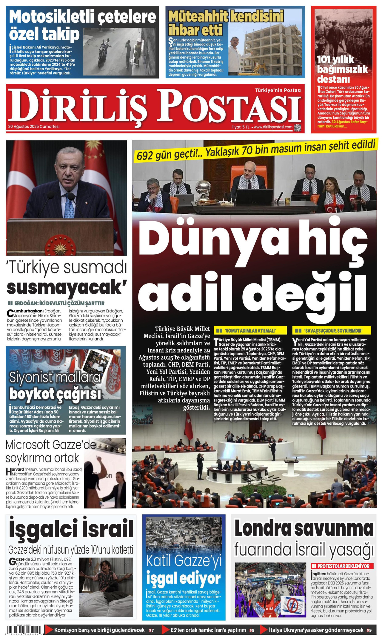 DİRİLİŞ POSTASI gazetesinin 30 Ağustos 2025 tarihli birinci sayfası