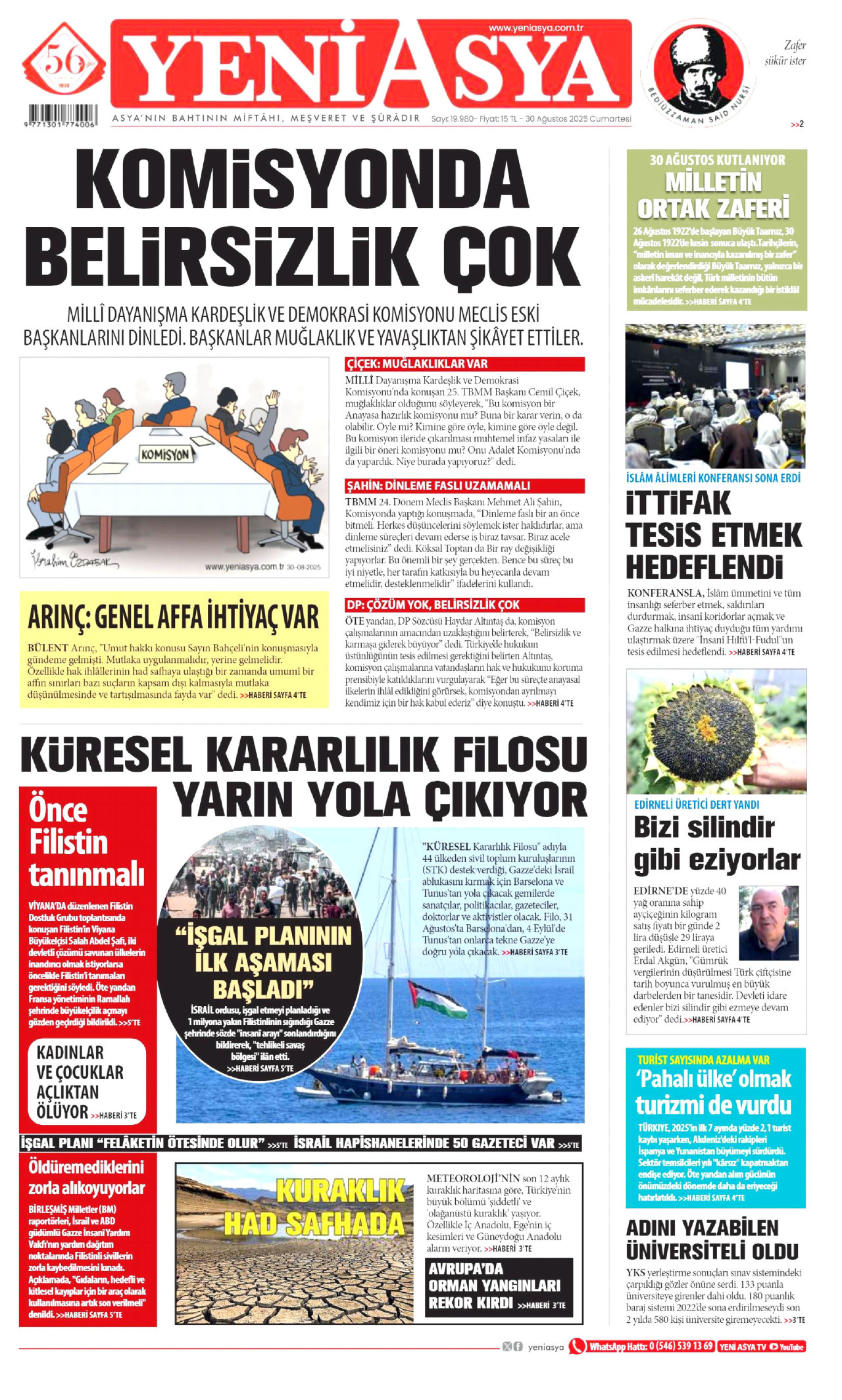 YENİ ASYA gazetesinin 30 Ağustos 2025 tarihli birinci sayfası