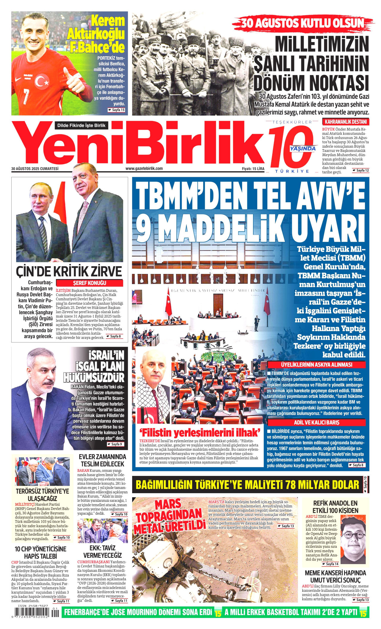 YENİBİRLİK gazetesinin 30 Ağustos 2025 tarihli birinci sayfası