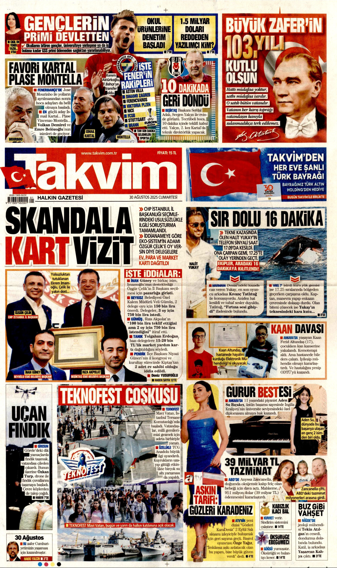 TAKVİM gazetesinin 30 Ağustos 2025 tarihli birinci sayfası