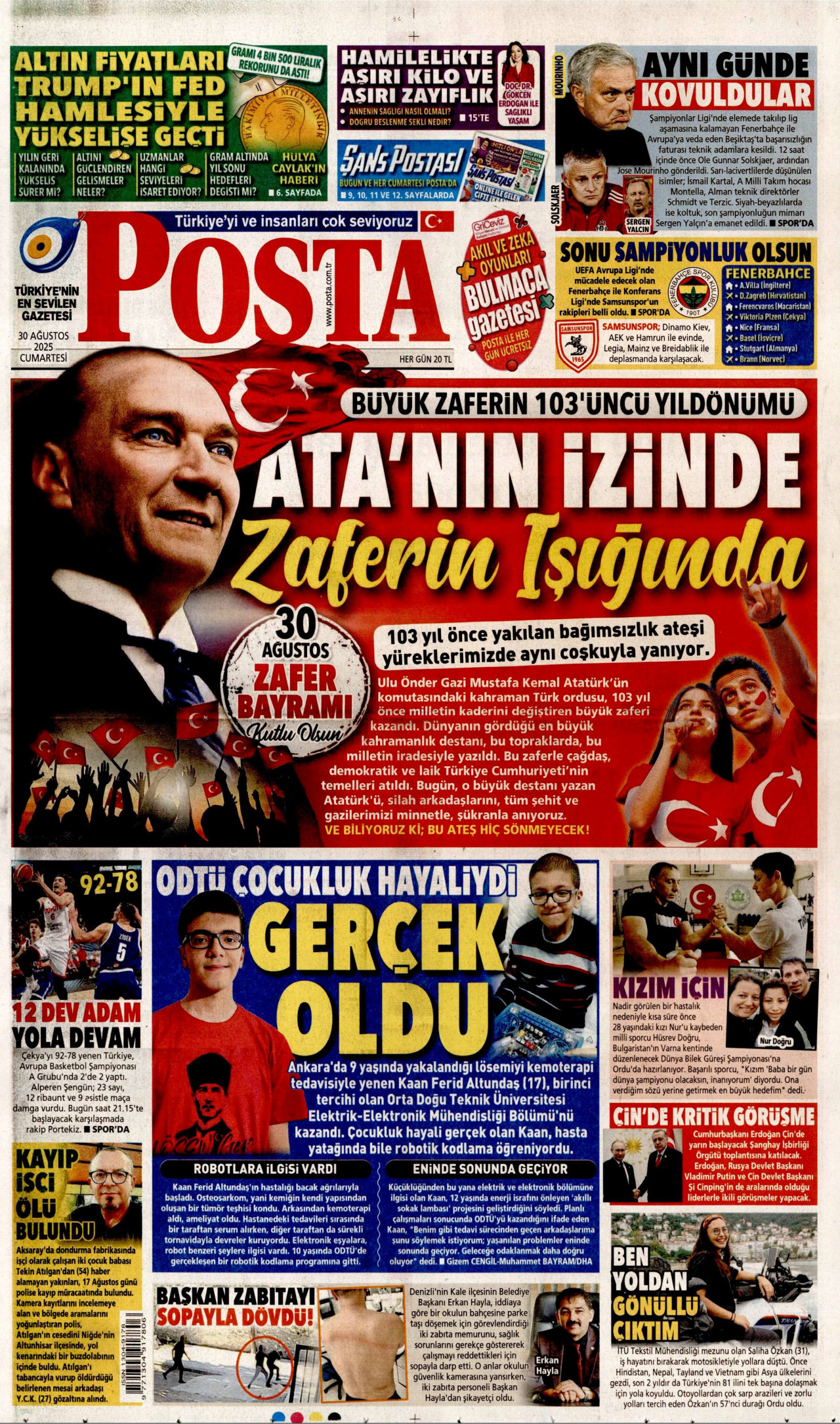 POSTA gazetesinin 30 Ağustos 2025 tarihli birinci sayfası