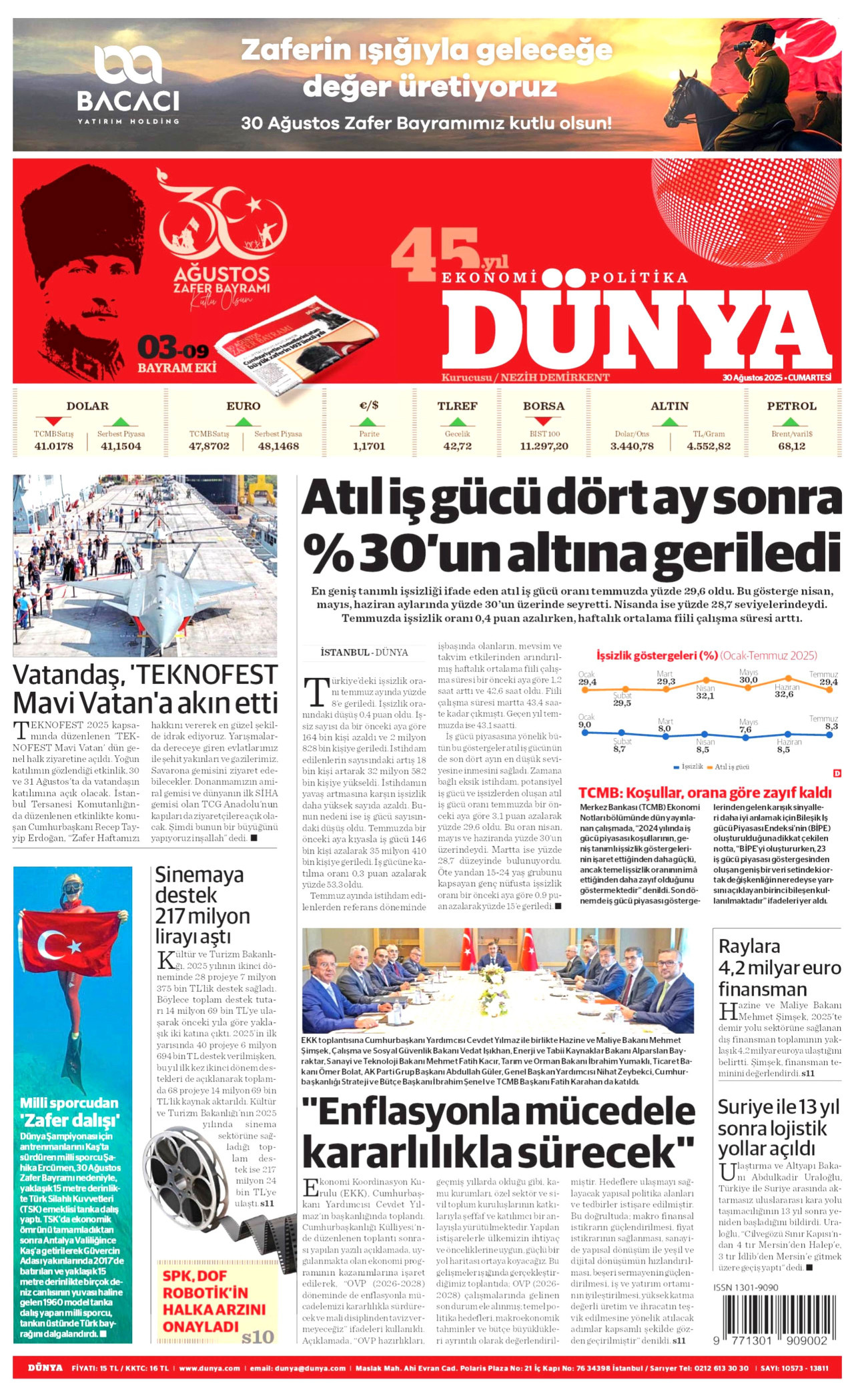 DÜNYA gazetesinin 30 Ağustos 2025 tarihli birinci sayfası