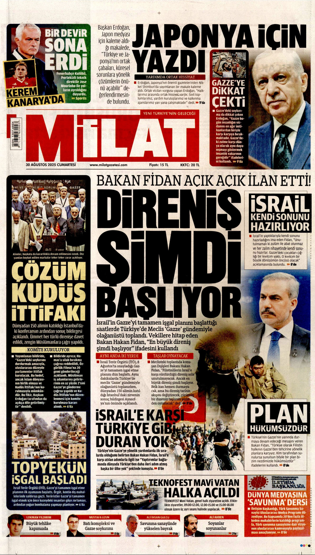 MİLAT gazetesinin 30 Ağustos 2025 tarihli birinci sayfası