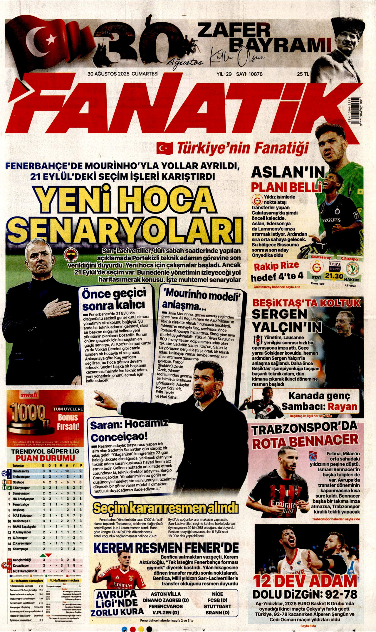 FANATİK gazetesinin 30 Ağustos 2025 tarihli birinci sayfası