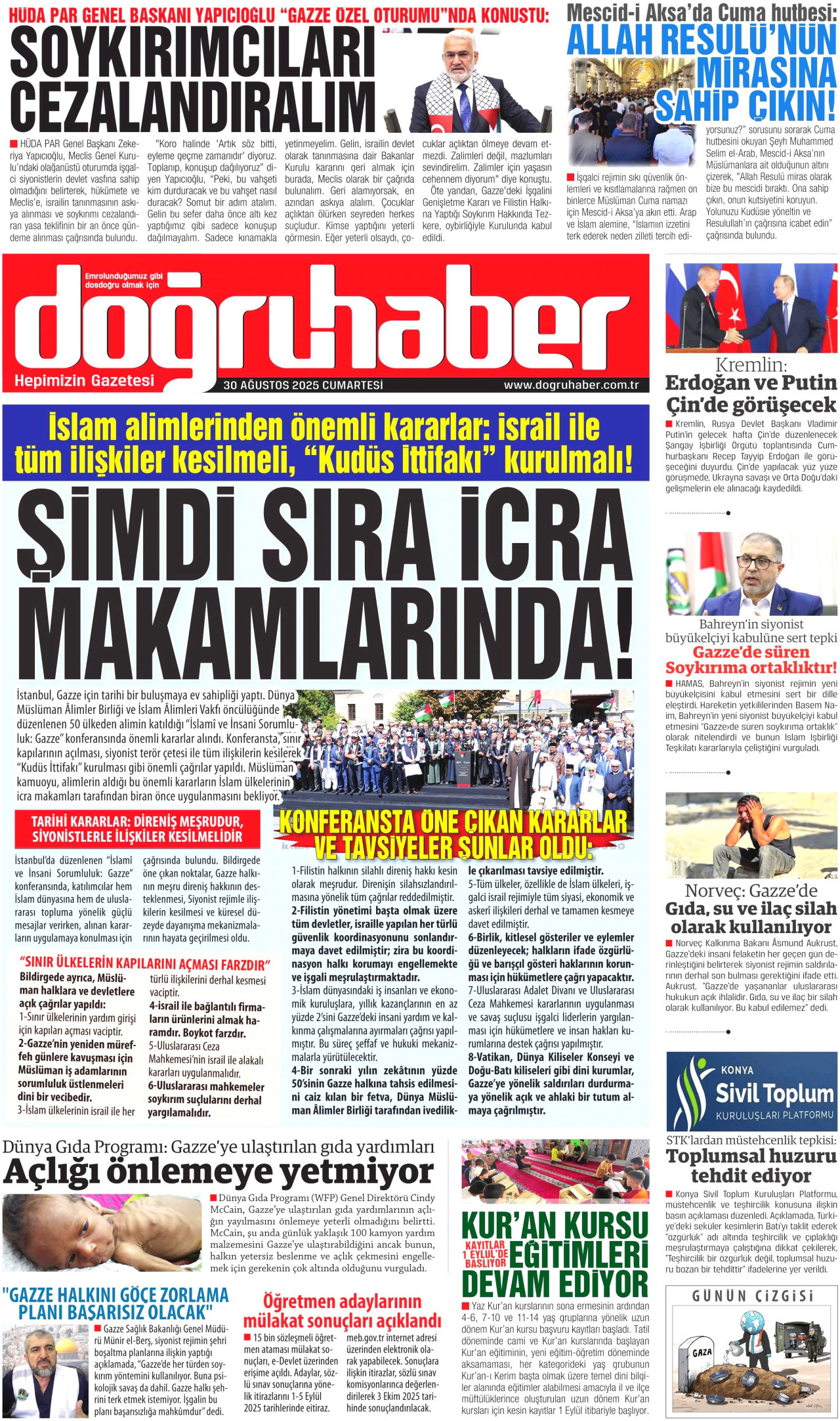 DOĞRU HABER gazetesinin 30 Ağustos 2025 tarihli birinci sayfası