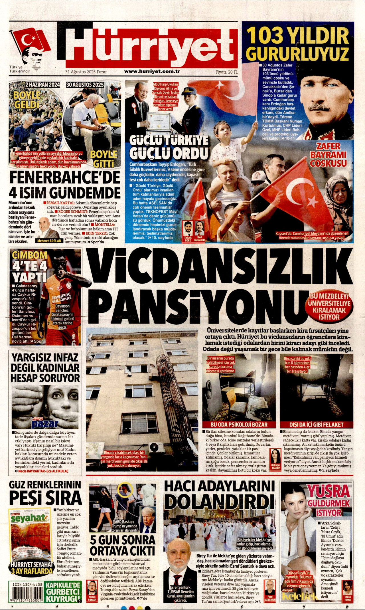 HÜRRİYET gazetesinin 31 Ağustos 2025 tarihli birinci sayfası