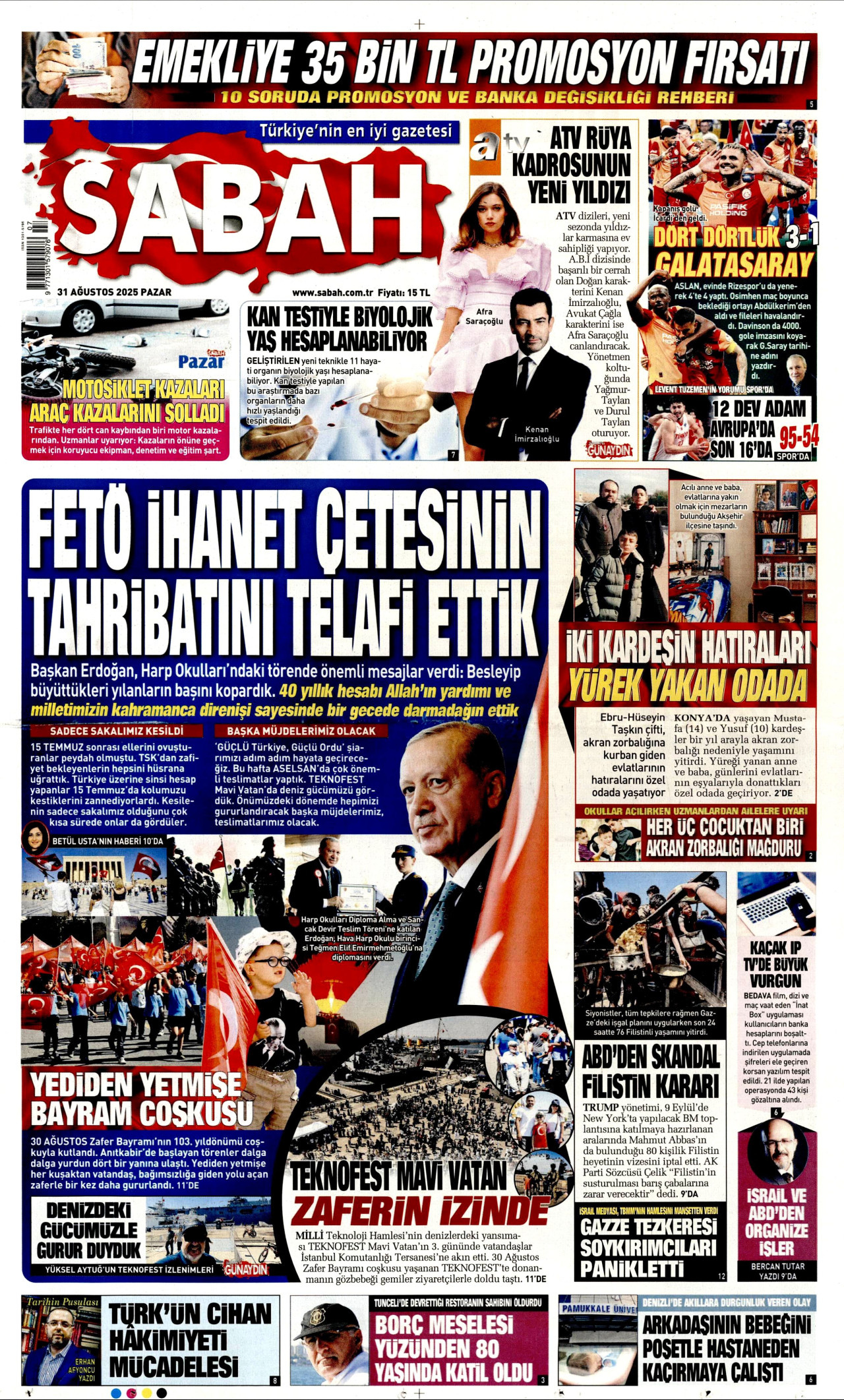 SABAH gazetesinin 31 Ağustos 2025 tarihli birinci sayfası