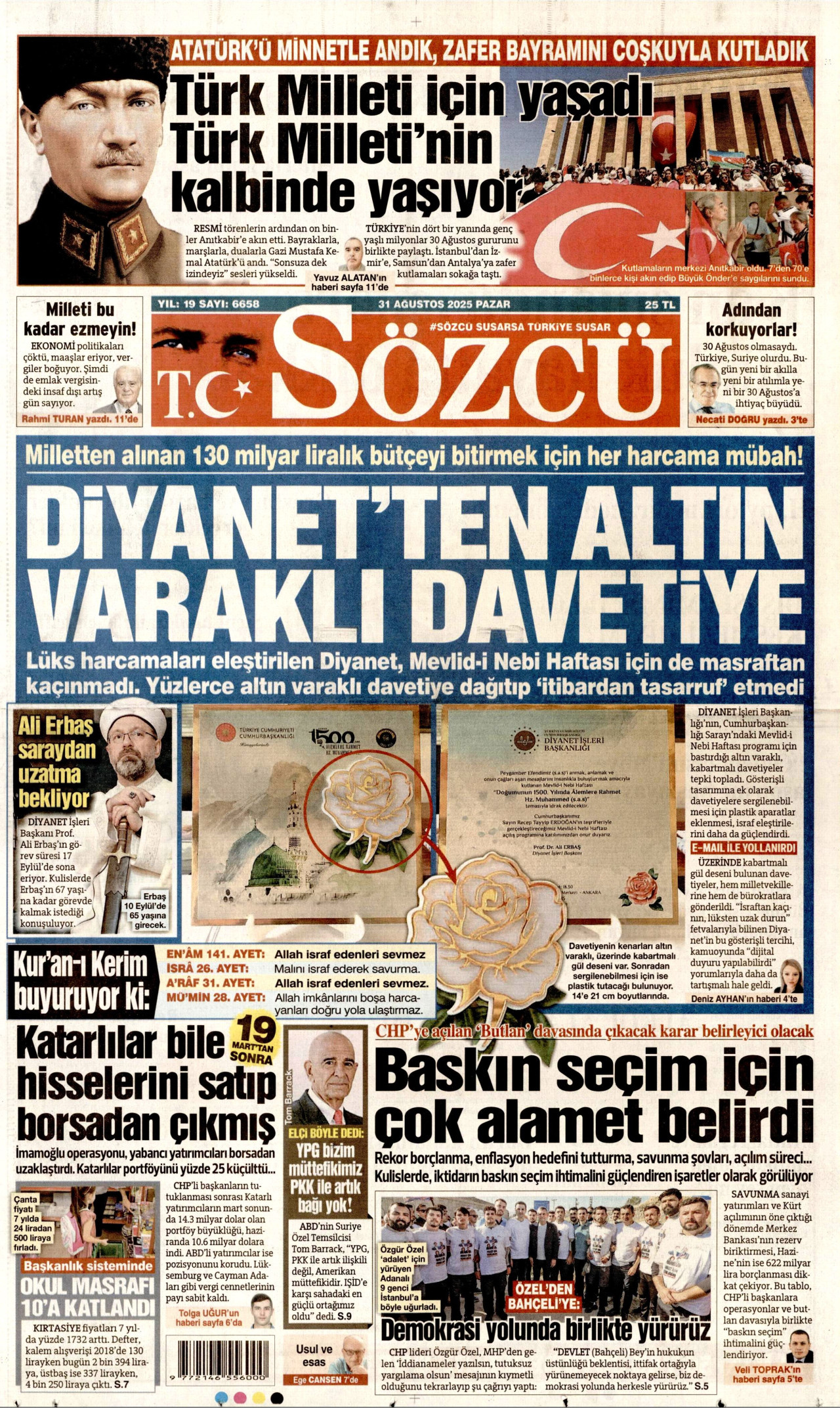 SÖZCÜ gazetesinin 31 Ağustos 2025 tarihli birinci sayfası