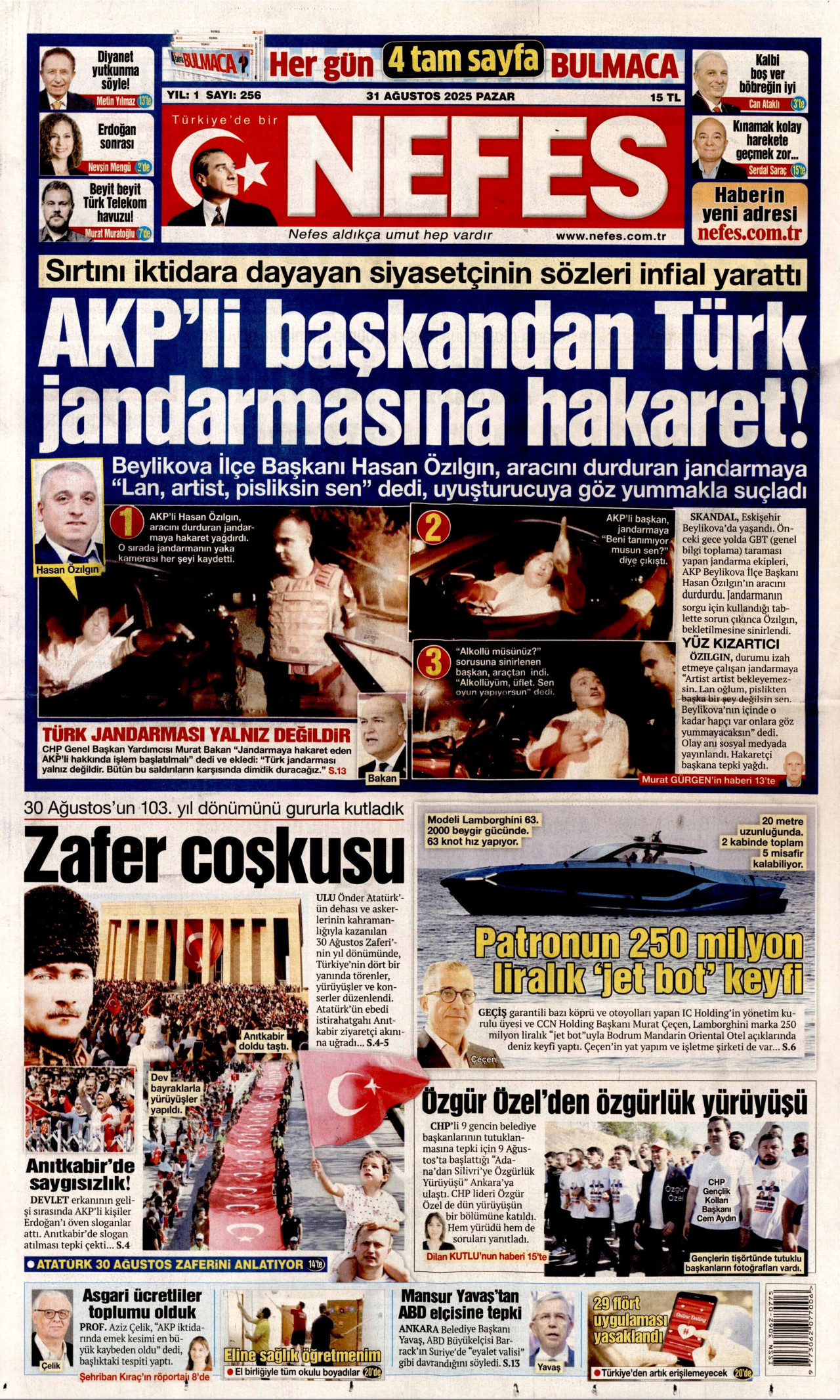 NEFES gazetesinin 31 Ağustos 2025 tarihli birinci sayfası