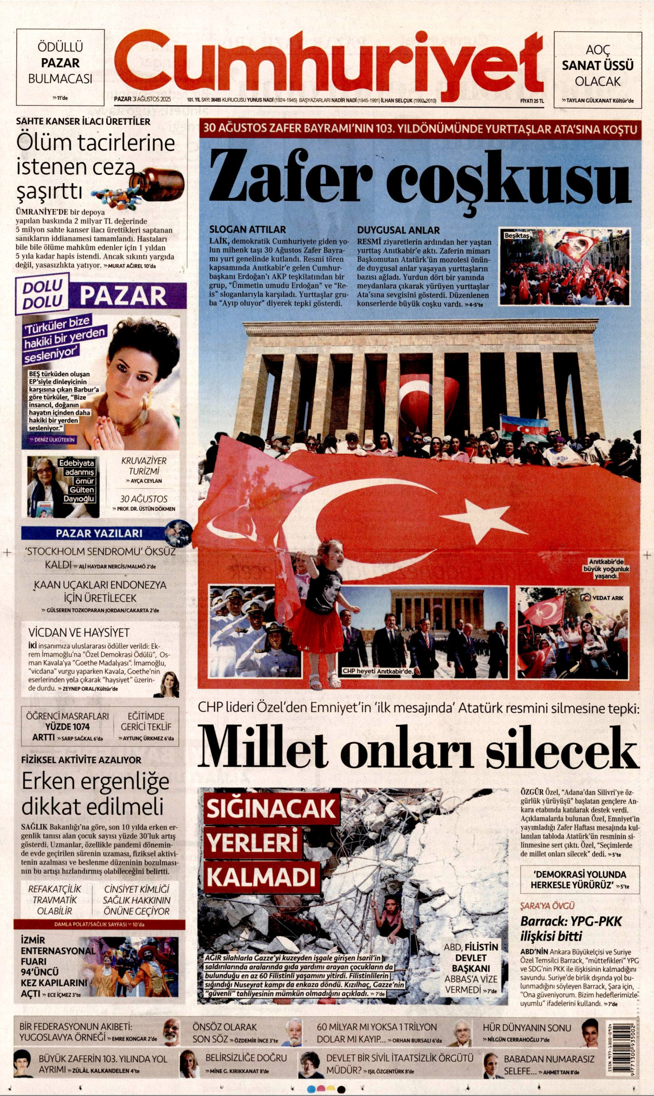 CUMHURİYET gazetesinin 31 Ağustos 2025 tarihli birinci sayfası
