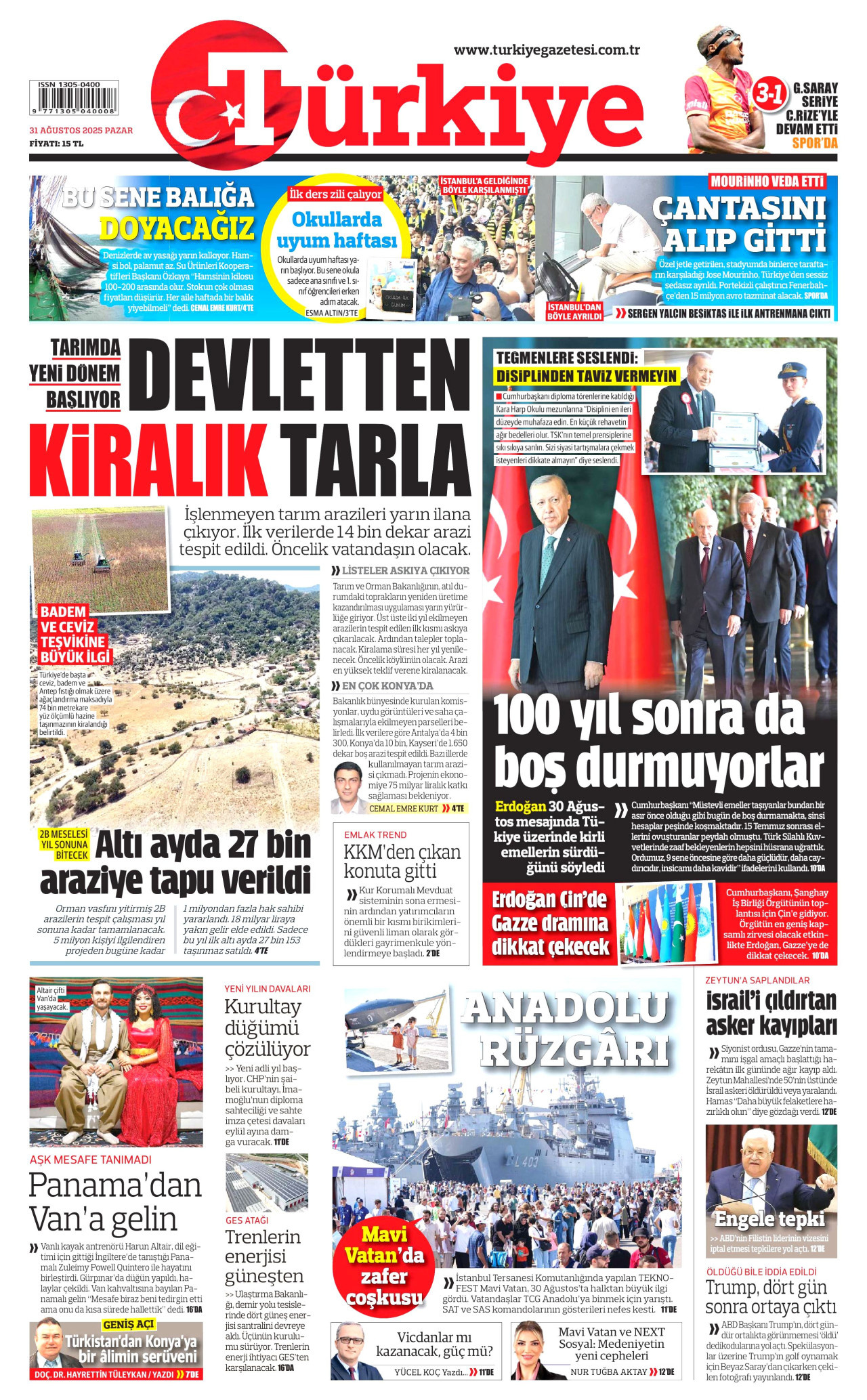 TÜRKİYE GAZETESİ gazetesinin 31 Ağustos 2025 tarihli birinci sayfası