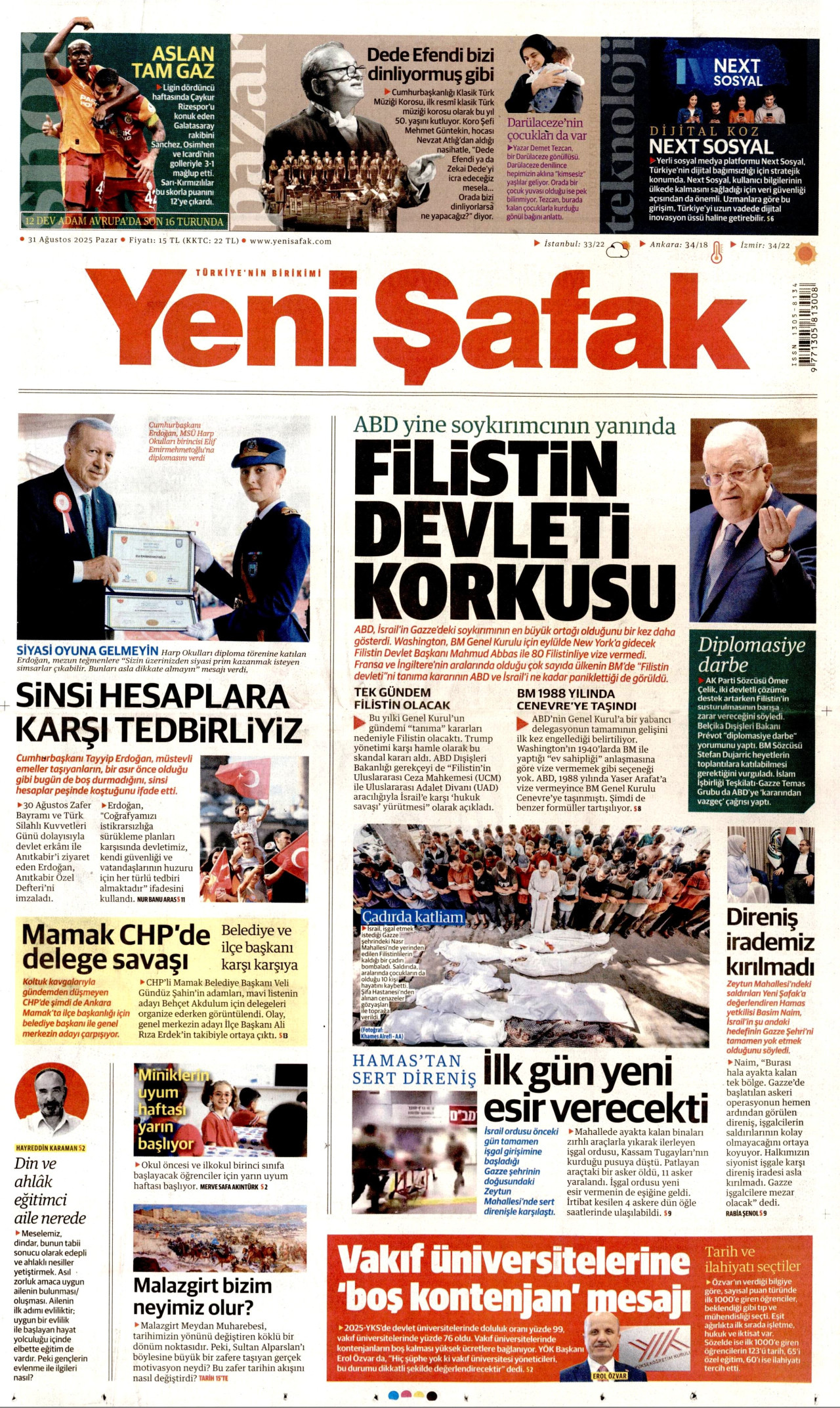 YENİ ŞAFAK gazetesinin 31 Ağustos 2025 tarihli birinci sayfası